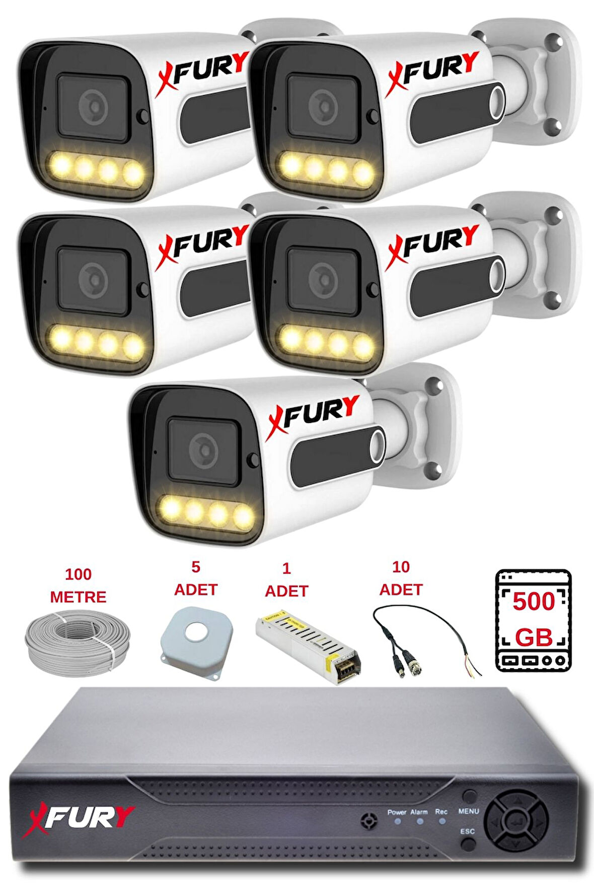 FURY 5 Kameralı Set Full HD Gece Renkli Görüş - Cepten İzle-Su Geçirmez Güvenlik Kamerası Seti 500GB
