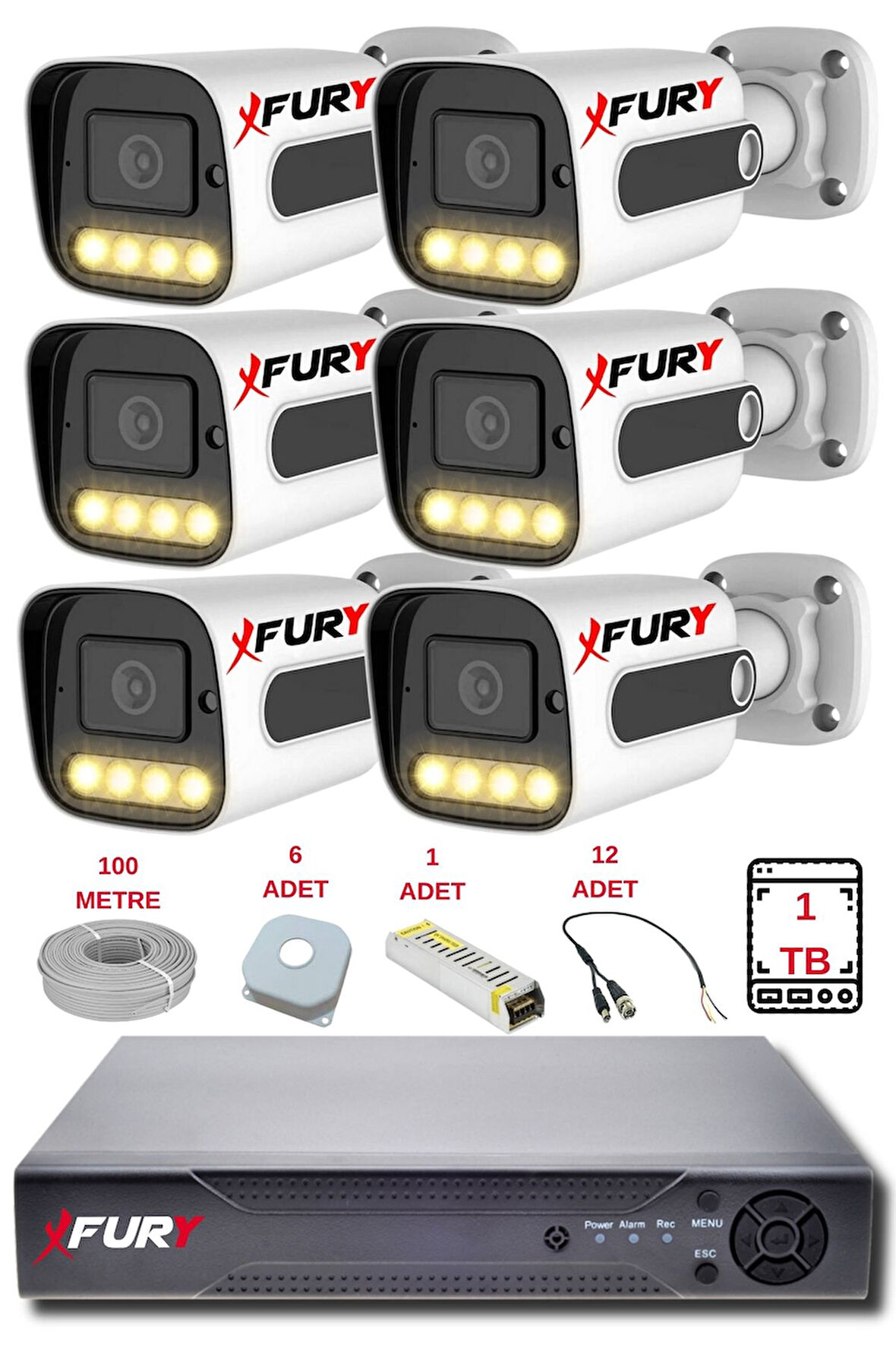 FURY 6 Kameralı Set Full HD Gece Renkli Görüş - Cepten İzle - Su Geçirmez Güvenlik Kamerası Seti 1TB