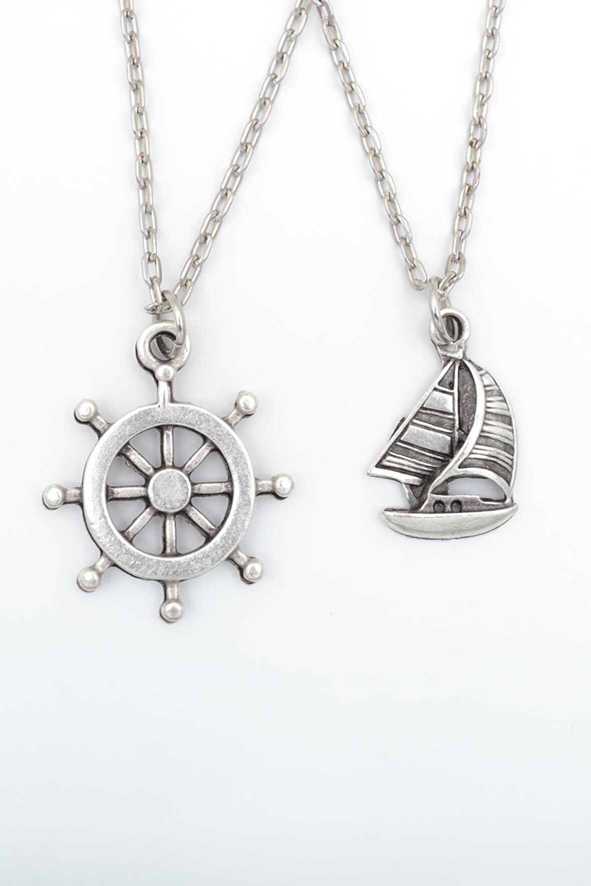 2'li Dümen - Yelkenli Gemi Erkek Kadın Kolye Seti 925 Ayar Gümüş Kaplama