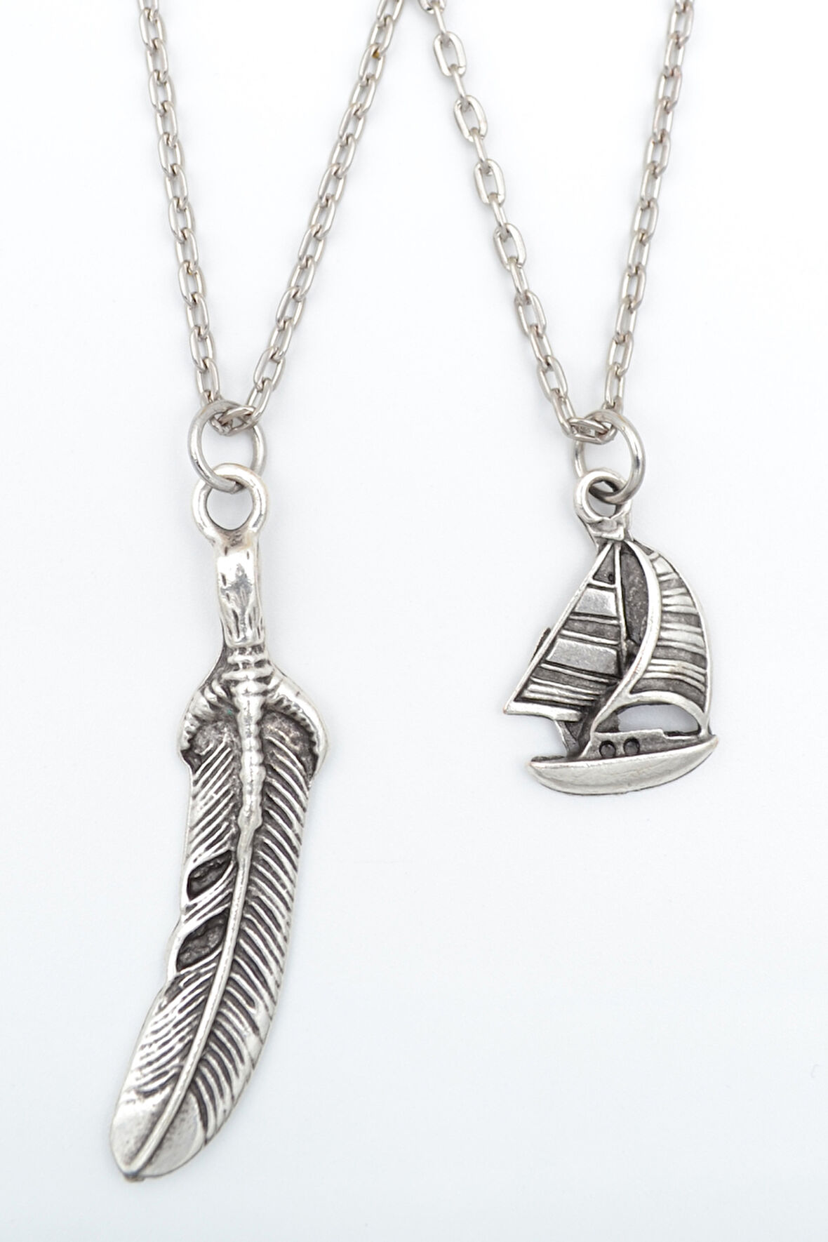 2'li Yelkenli Gemi - Tüy Gümüş Kaplama Kolye Seti