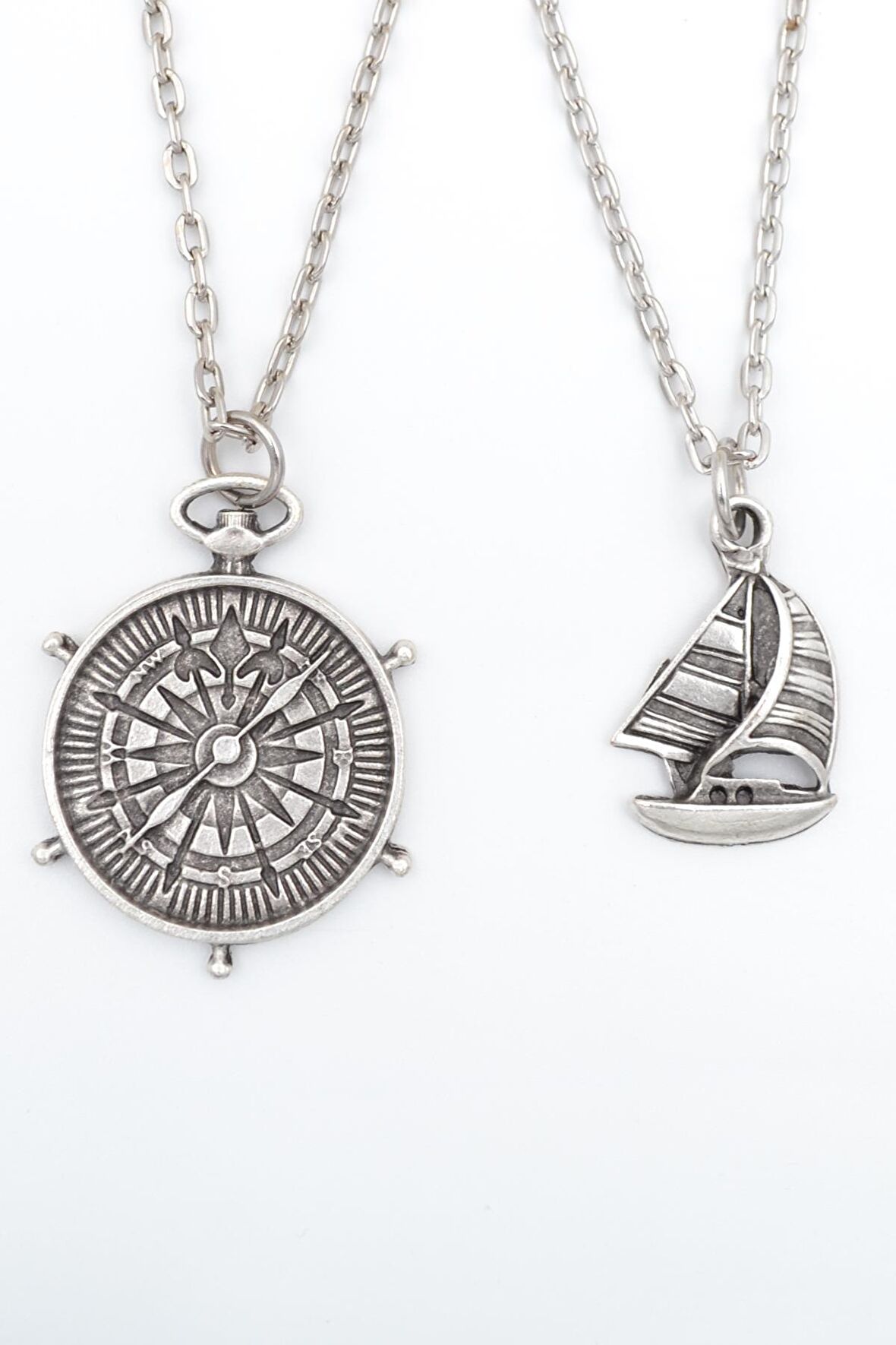 2'li Yelkenli Gemi - Gemici Pusula Erkek Kadın Kolye Seti 925 Ayar Gümüş Kaplama