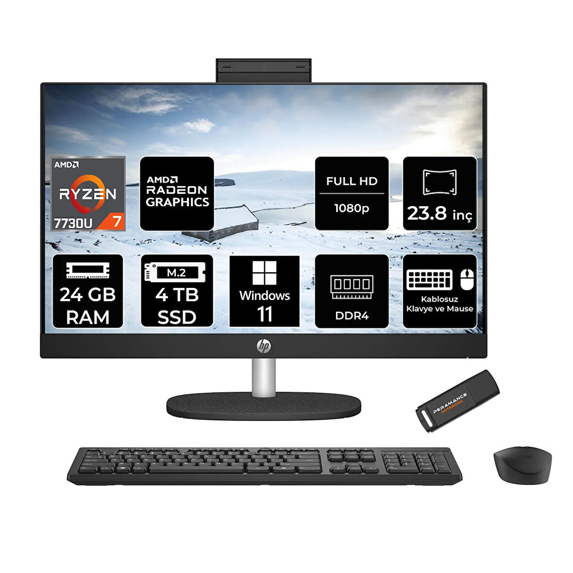 HP 24-CR0013NT R7 7730U 24GB 4TB SSD Radeon Graphics 23.8" FHD IPS W11P All In One PC Siyah & PER4