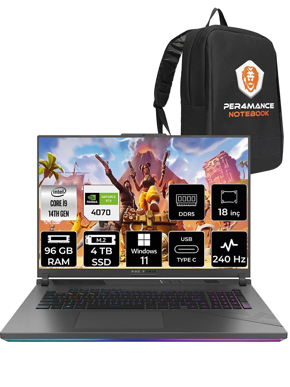 ASUS ROG Strix G18 i9-14900HX 96GB 4TB SSD RTX4070/8GB 240Hz 18" WQXGA W11P N6002 & PER4 ÇANTA