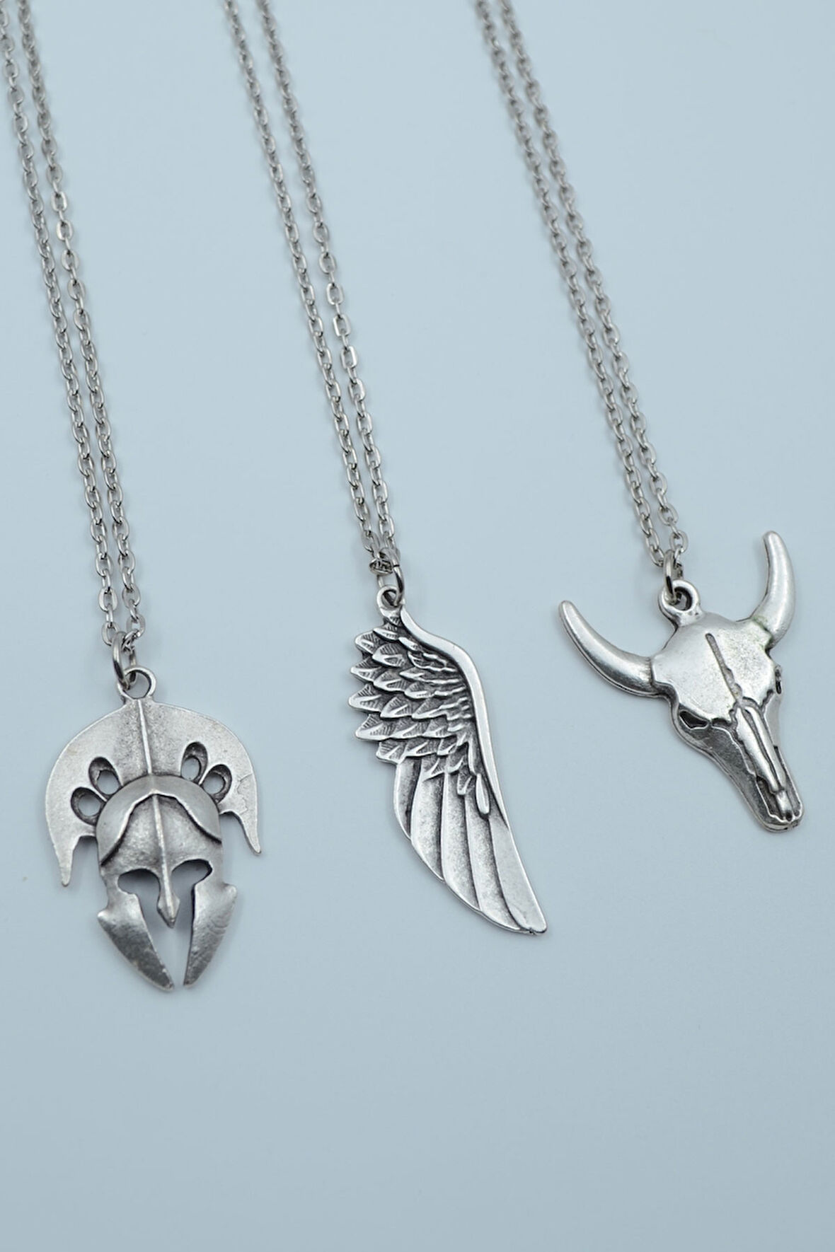 3'lü Savaşçı Miğfer Büyük Kanat Buffalo - Boğa Gümüş Kaplama Kolye Seti
