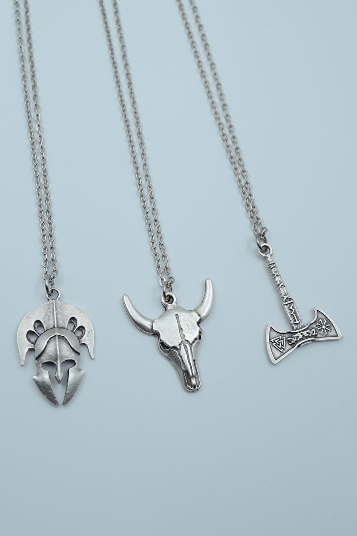 3'lü Viking Balta Buffalo - Boğa Savaşçı Miğfer Gümüş Kaplama Kolye Seti
