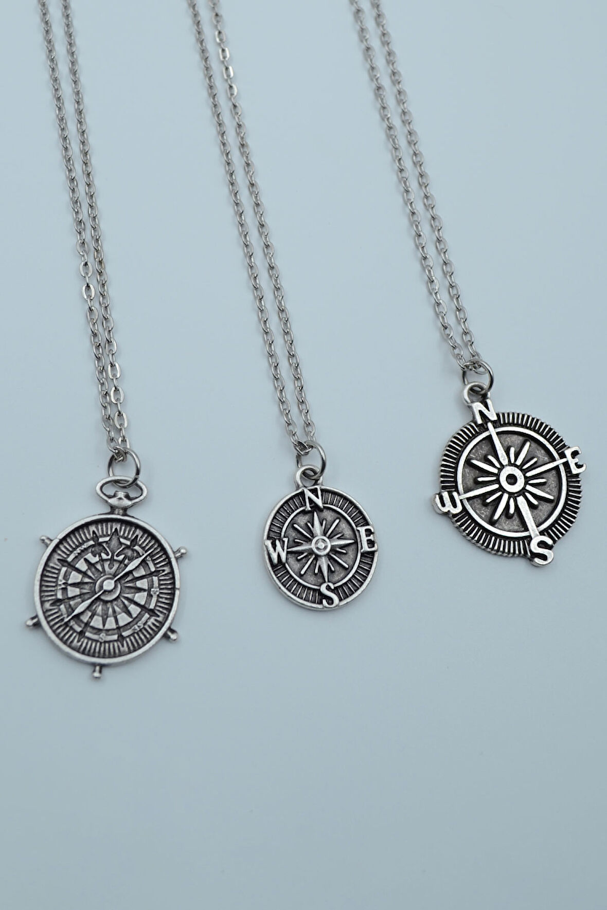 3'lü Pusula Gümüş Kaplama Gümüş Kaplama Kolye Seti