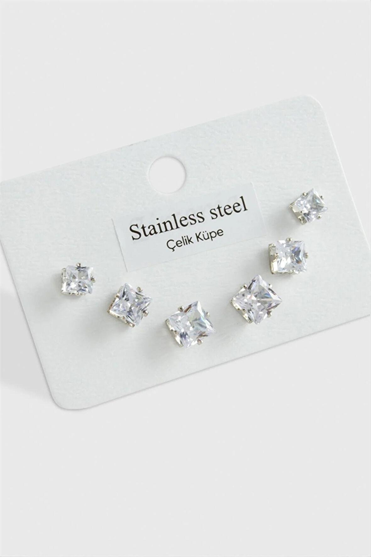 6 Adet Kare Zirkon Tek Taşlı Çelik Küpe ( Büyük Kare )