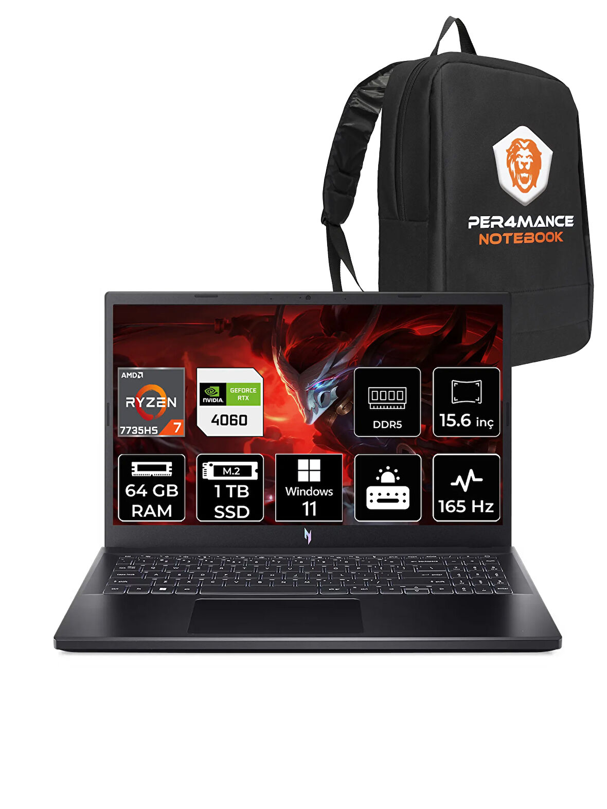 ACER Nitro V15 R7-7735HS 64GB 1TB SSD RTX4060/8GB 15.6'' 165Hz FHD W11H & PER4 ÇANTA
