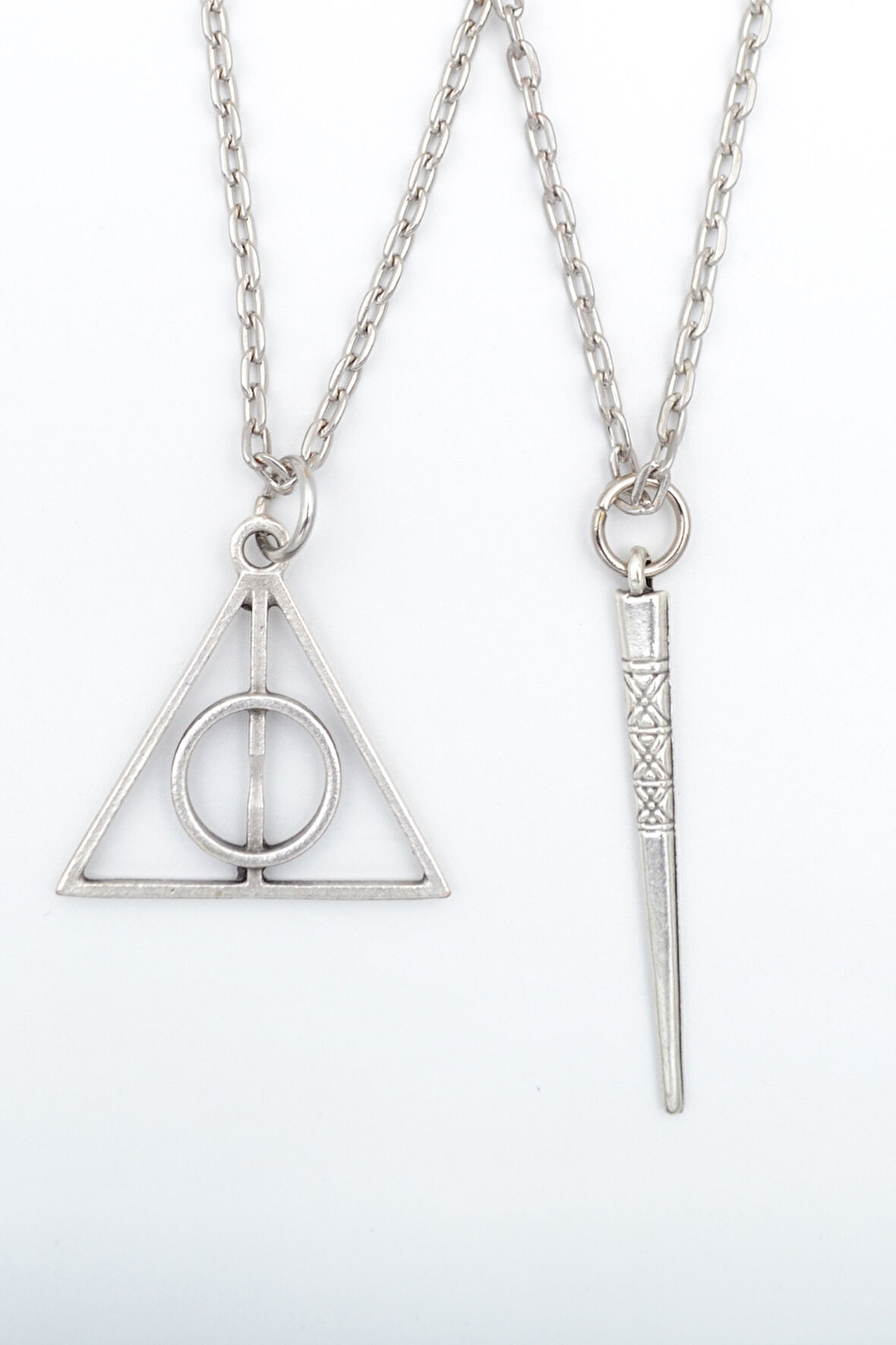 2'li Harry Potter Ölüm Yadigarları Üçgen - Antik Çubuk Gümüş Kaplama Kolye Seti
