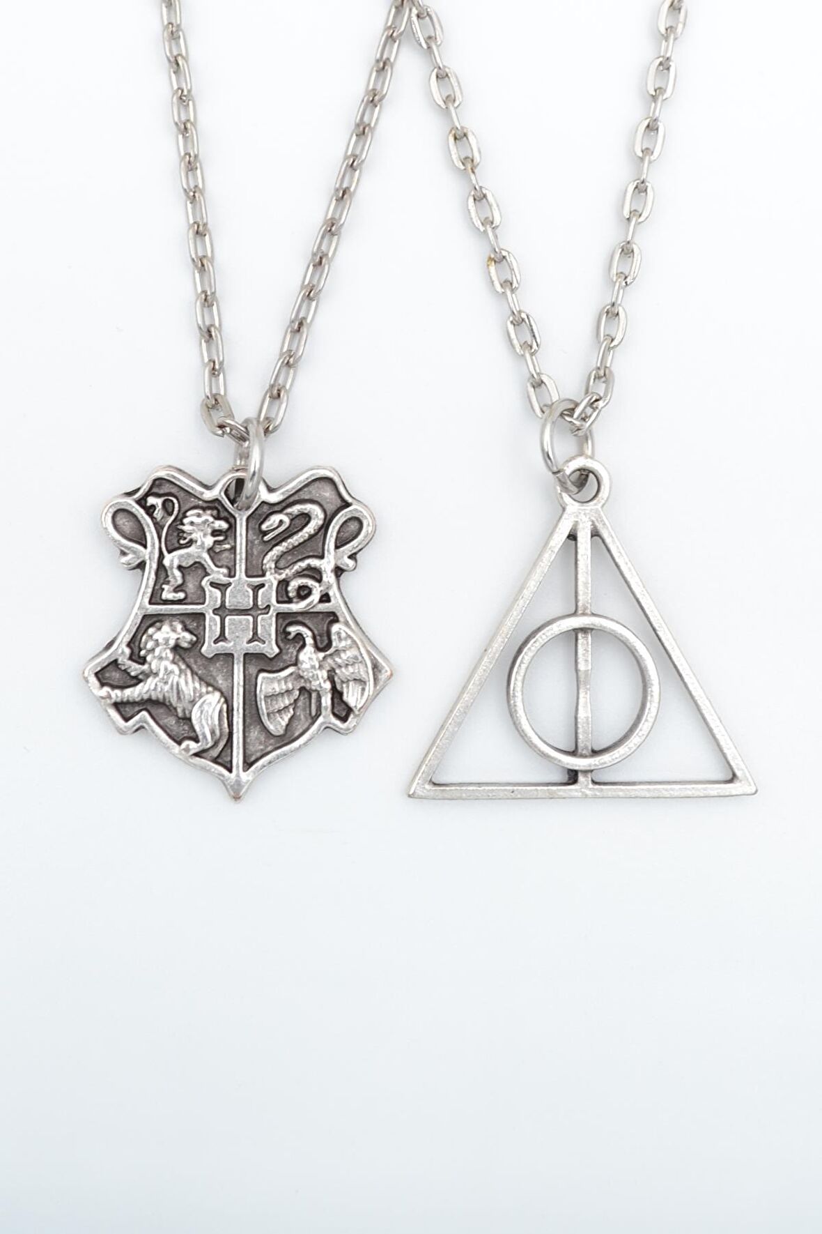 2'li Harry Potter Ölüm Yadigarları Üçgen - Hogwarts Erkek Kadın Kolye Seti 925 Ayar Gümüş Kaplama