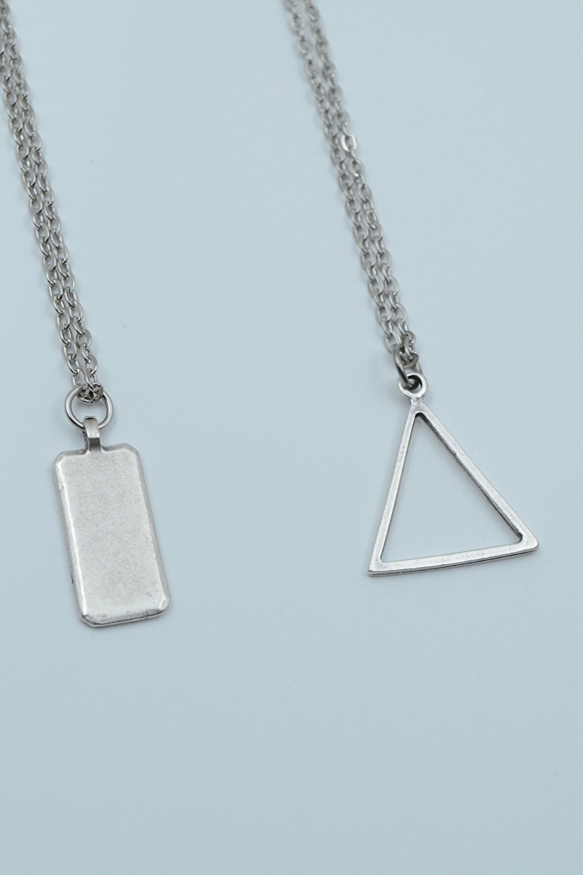 2'li Dikdörtgen Bar Üçgen Geometrik Gümüş Kaplama Kolye Seti