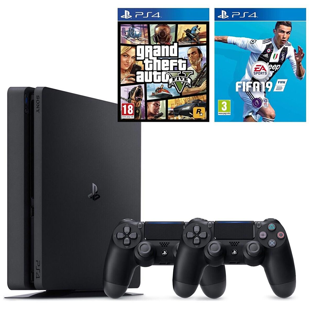 Sony PS4 Slim 500 GB Oyun Konsolu + PS4 Gta 5 + PS4 Fifa 19 Türkçe + 2. Kol