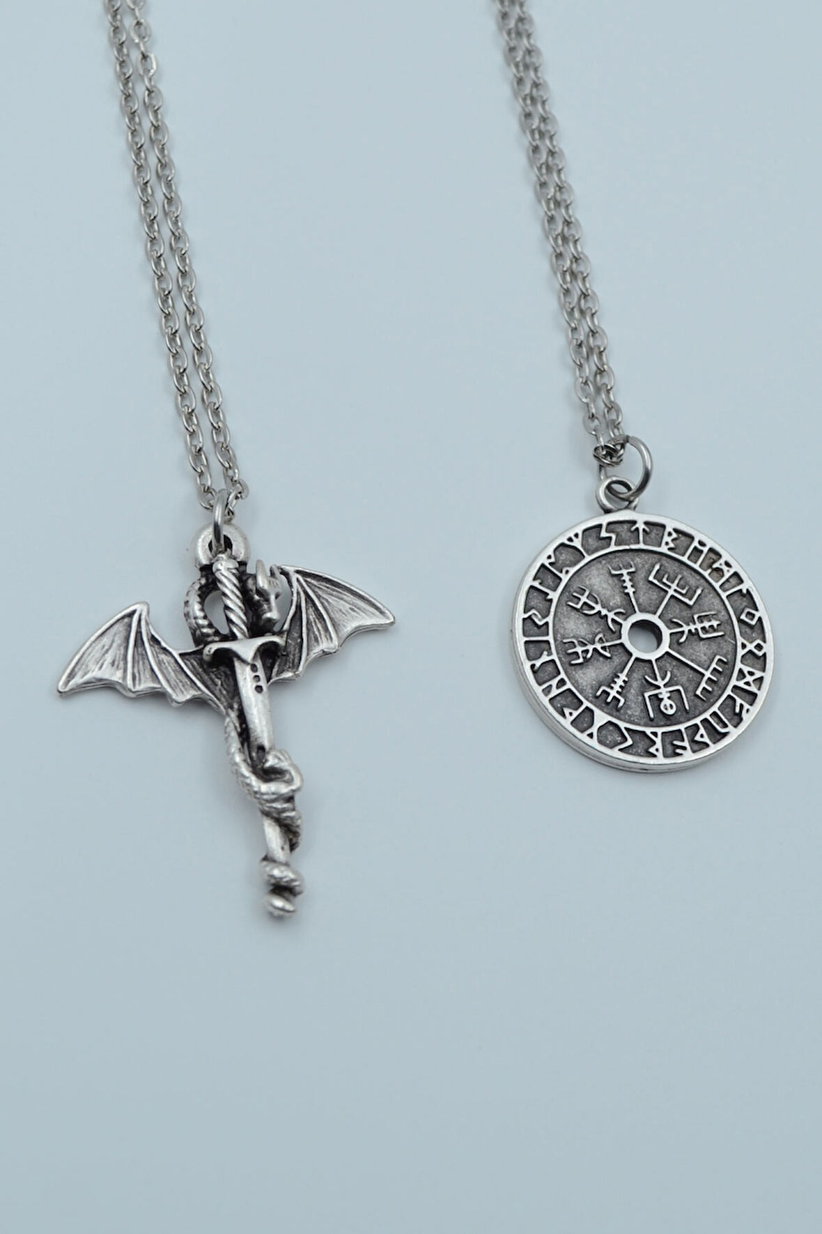 2'li Ejderha Kılıç Viking İşlemeli Pusula Gümüş Kaplama Kolye Seti