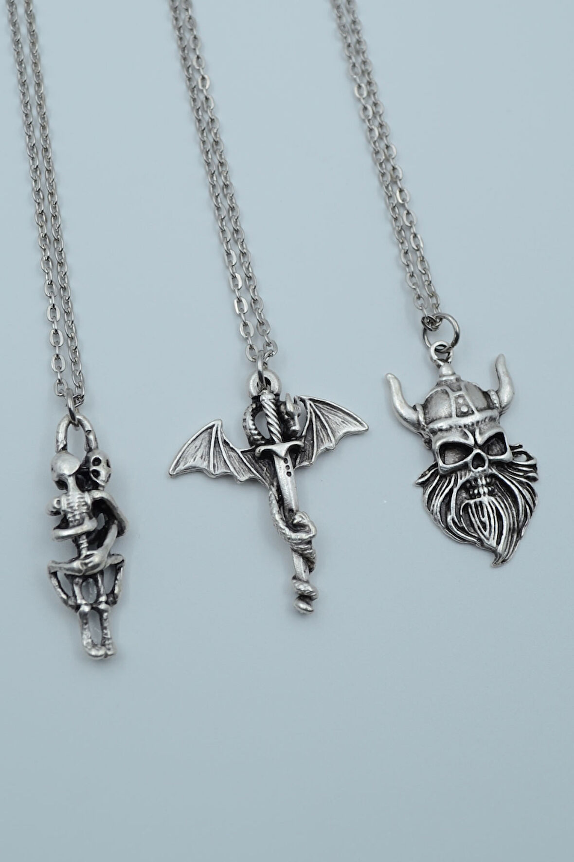 3'lü Sarılan İskelet Ejderha Kılıç Viking Savaşçı Gümüş Kaplama Kolye Seti