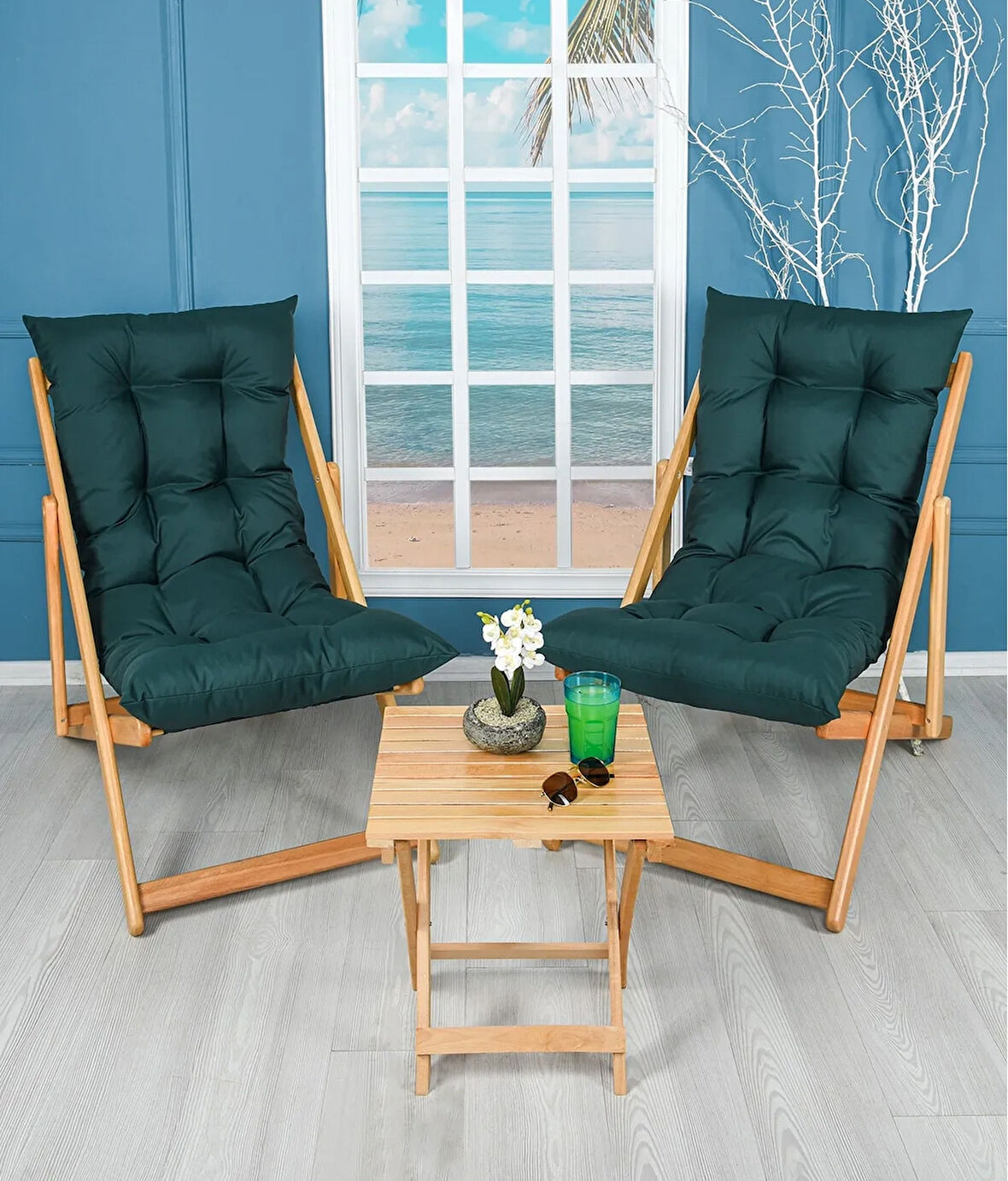 Reyo Home Ahşap Katlanabilir Şezlong ve Sehpa Seti, 2 Şezlong ve 1 Sehpa, Yeşil Minderli, 3 Kademeli