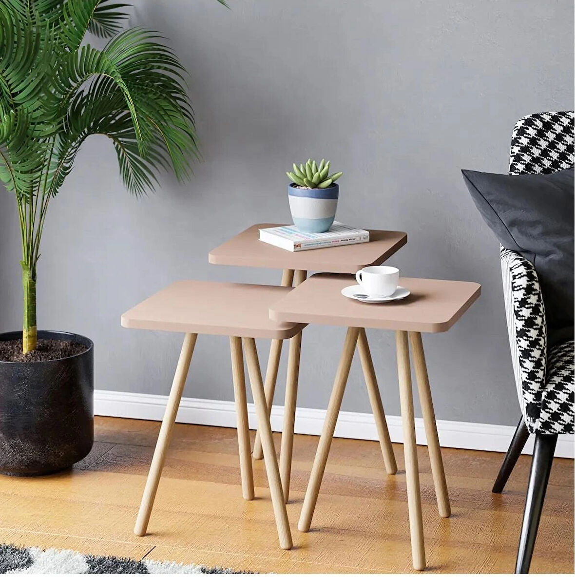 Reyo Ahşap Ayaklı Kare Tasarım Üçlü Zigon Sehpa KAREDÜZ Cappuccino