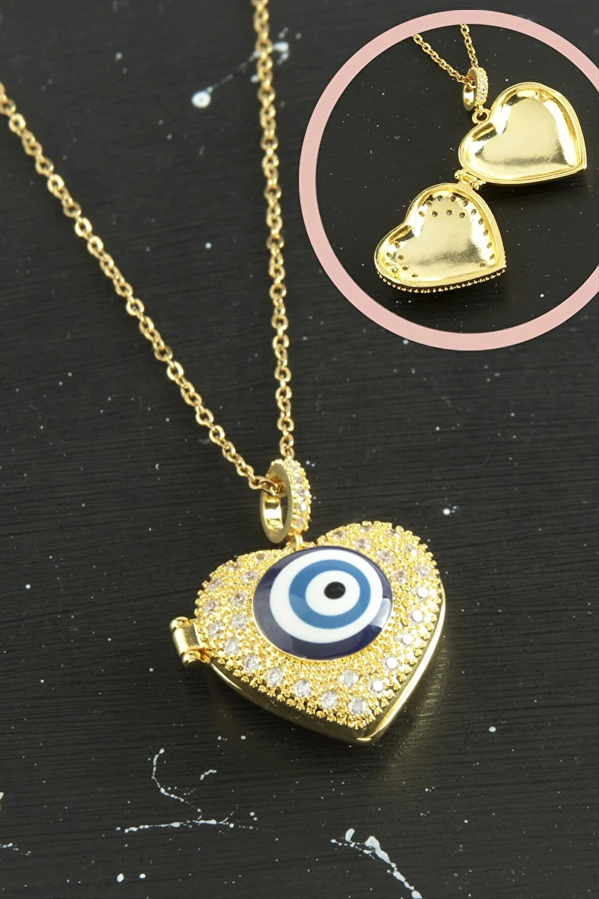 Kalp Nazar Kapaklı Zirkon Taşlı Çelik Kolye