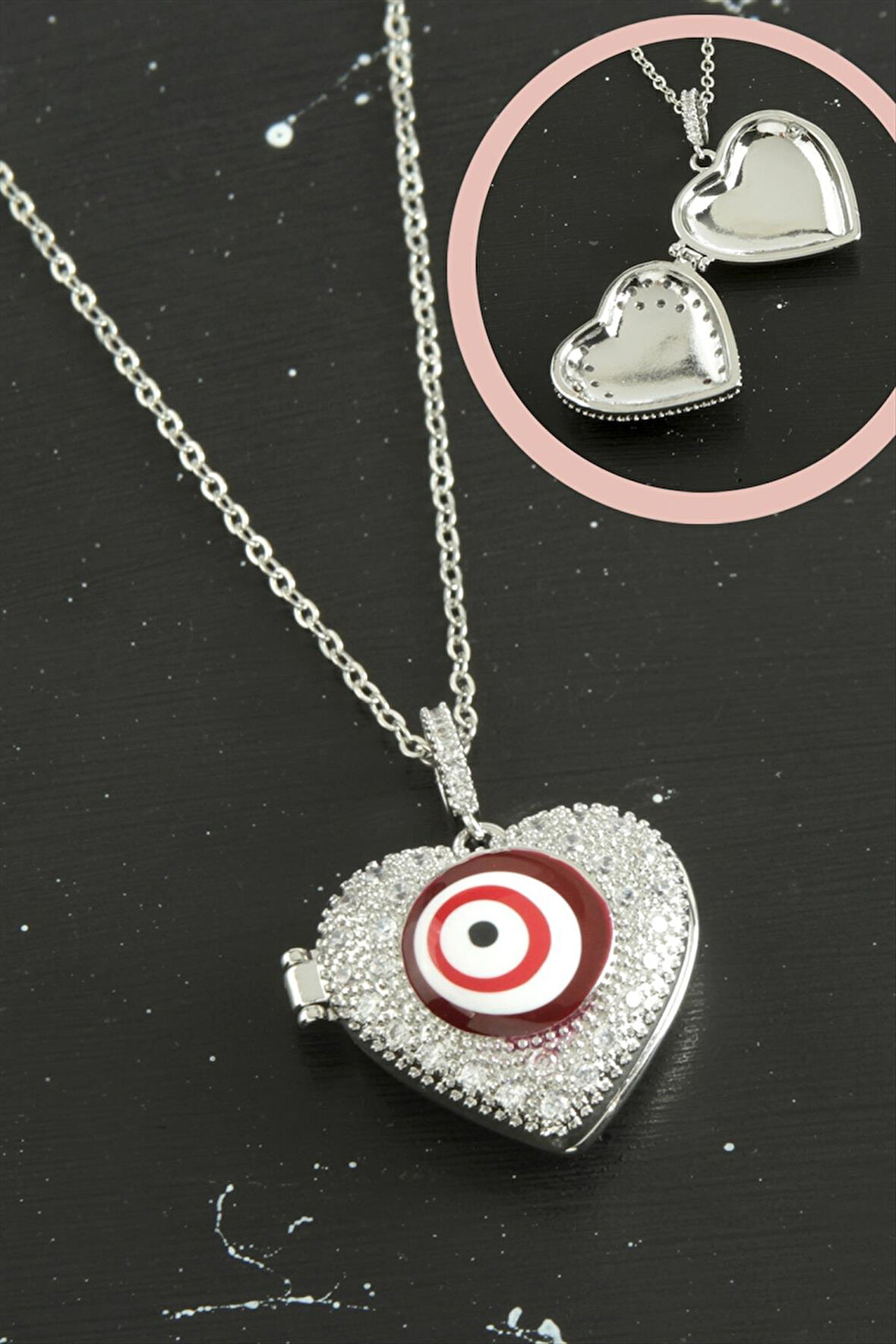 Kalp Nazar Kapaklı Zirkon Taşlı Çelik Kolye