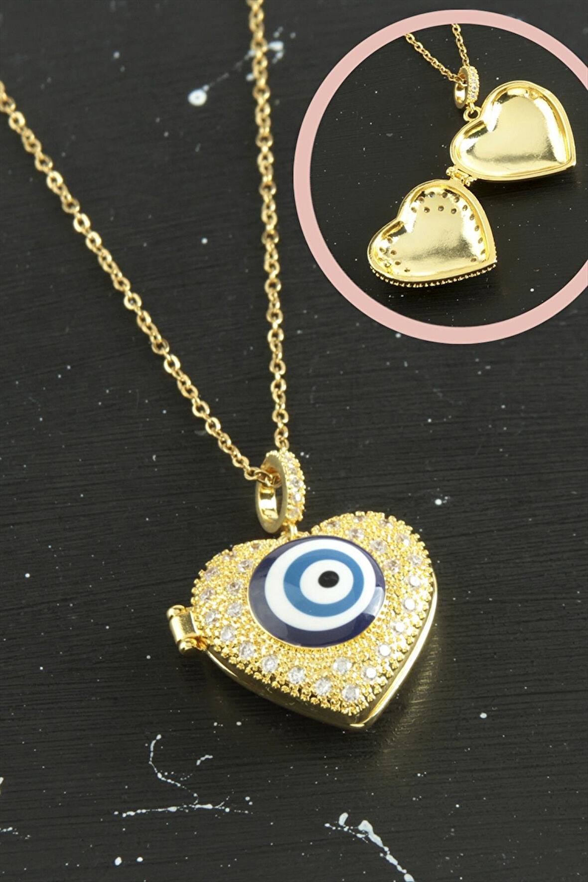 Kalp Nazar Kapaklı Zirkon Taşlı Çelik Kolye