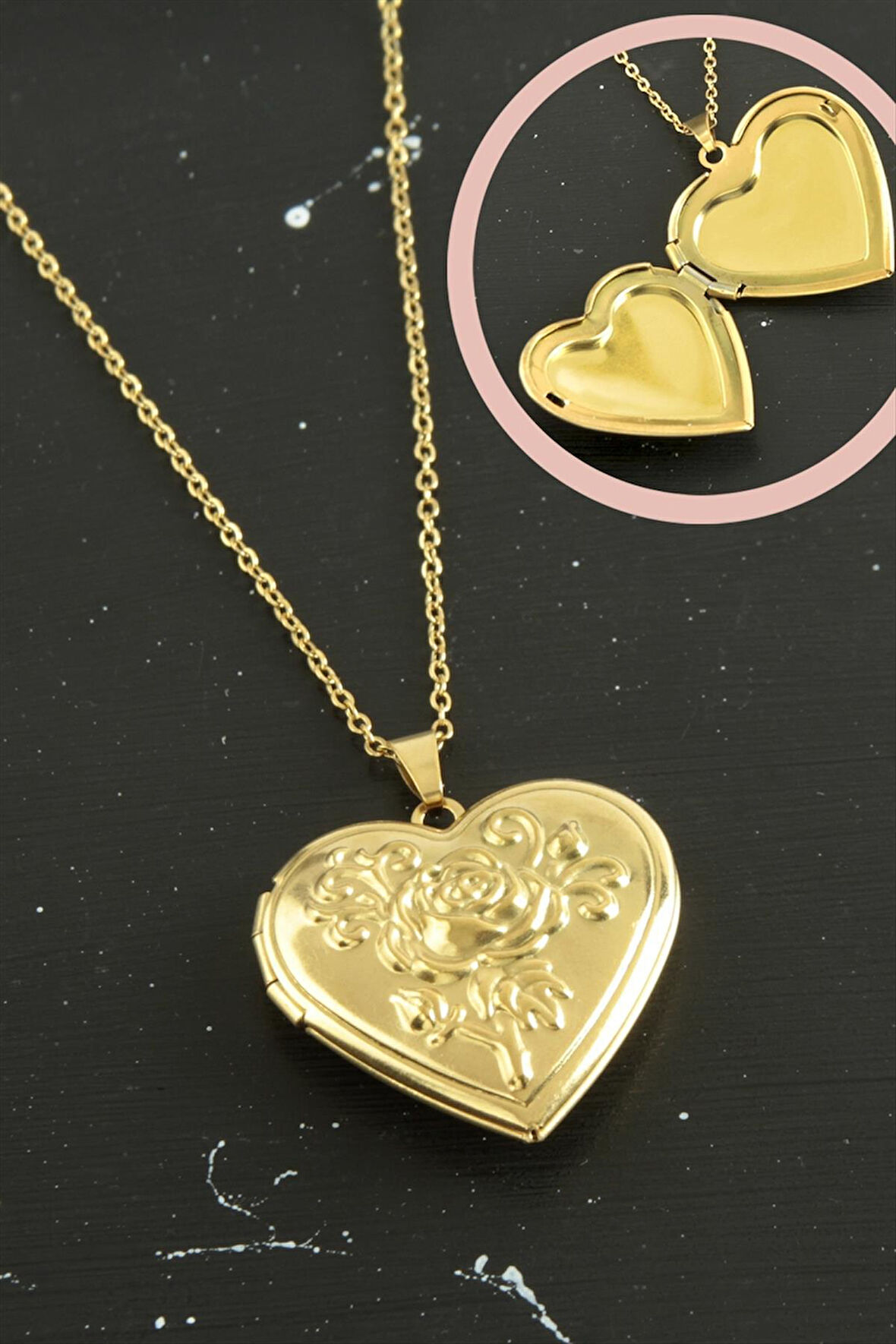 Gül İşlemeli Kalp Kapaklı Çelik Kolye