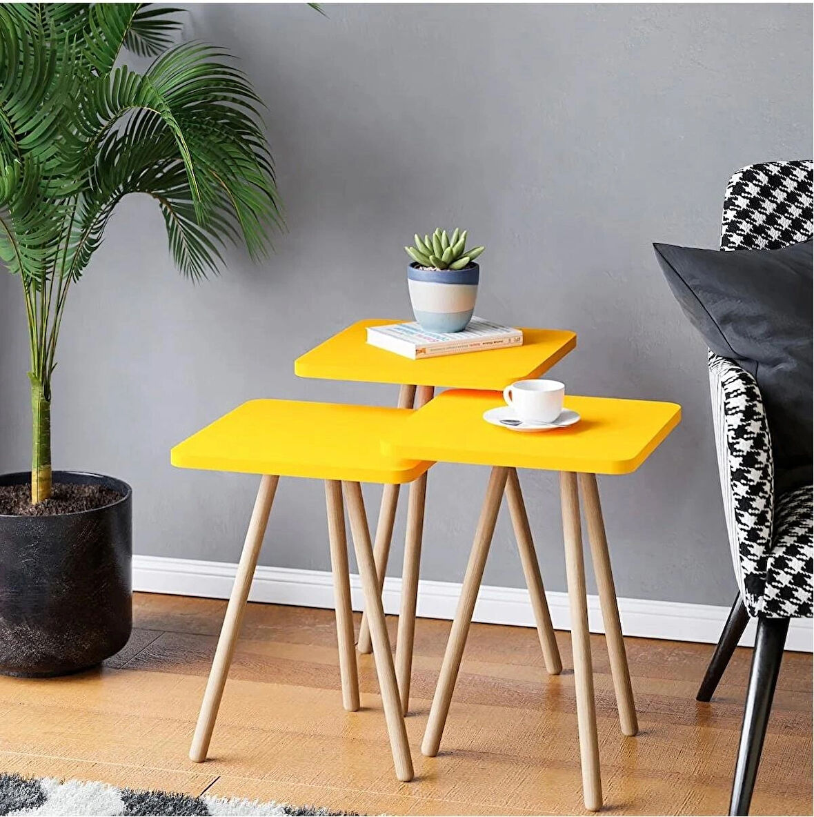 Reyo Ahşap Ayaklı Kare Tasarım Üçlü Zigon Sehpa KAREDÜZ Sarı