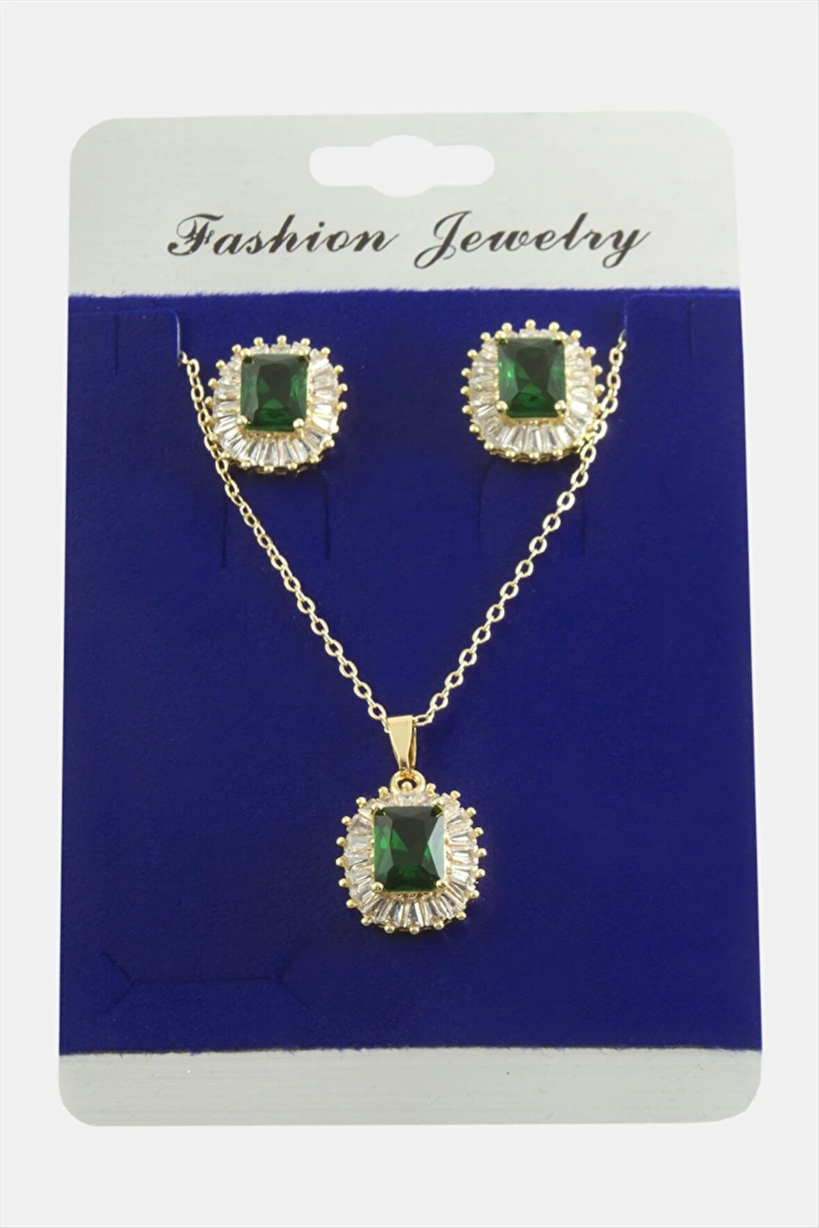 Dikdörtgen Zirkon Taşlı Set Kolye