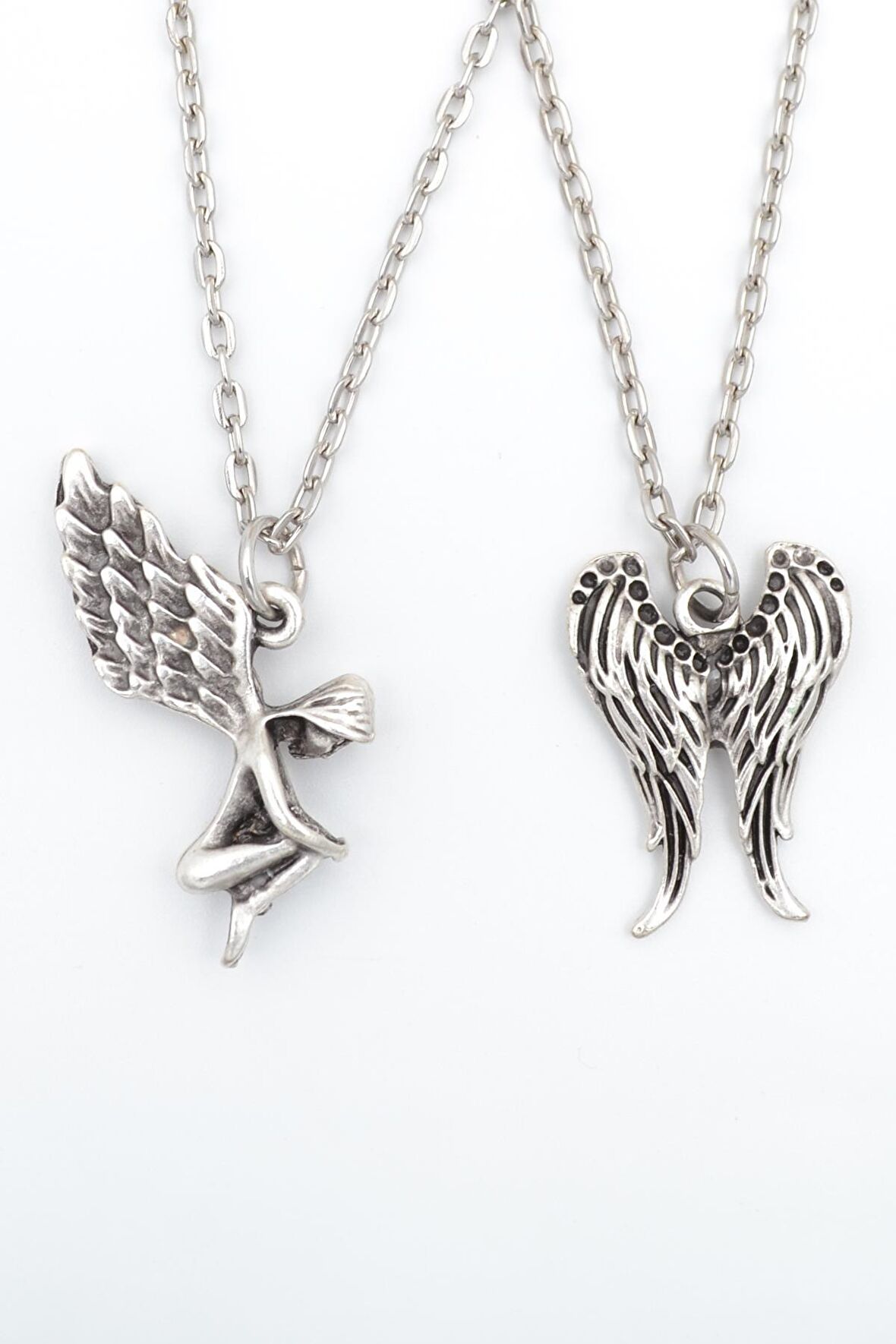 2'li Melek Kanadı - Peri Erkek Kadın Kolye Seti 925 Ayar Gümüş Kaplama