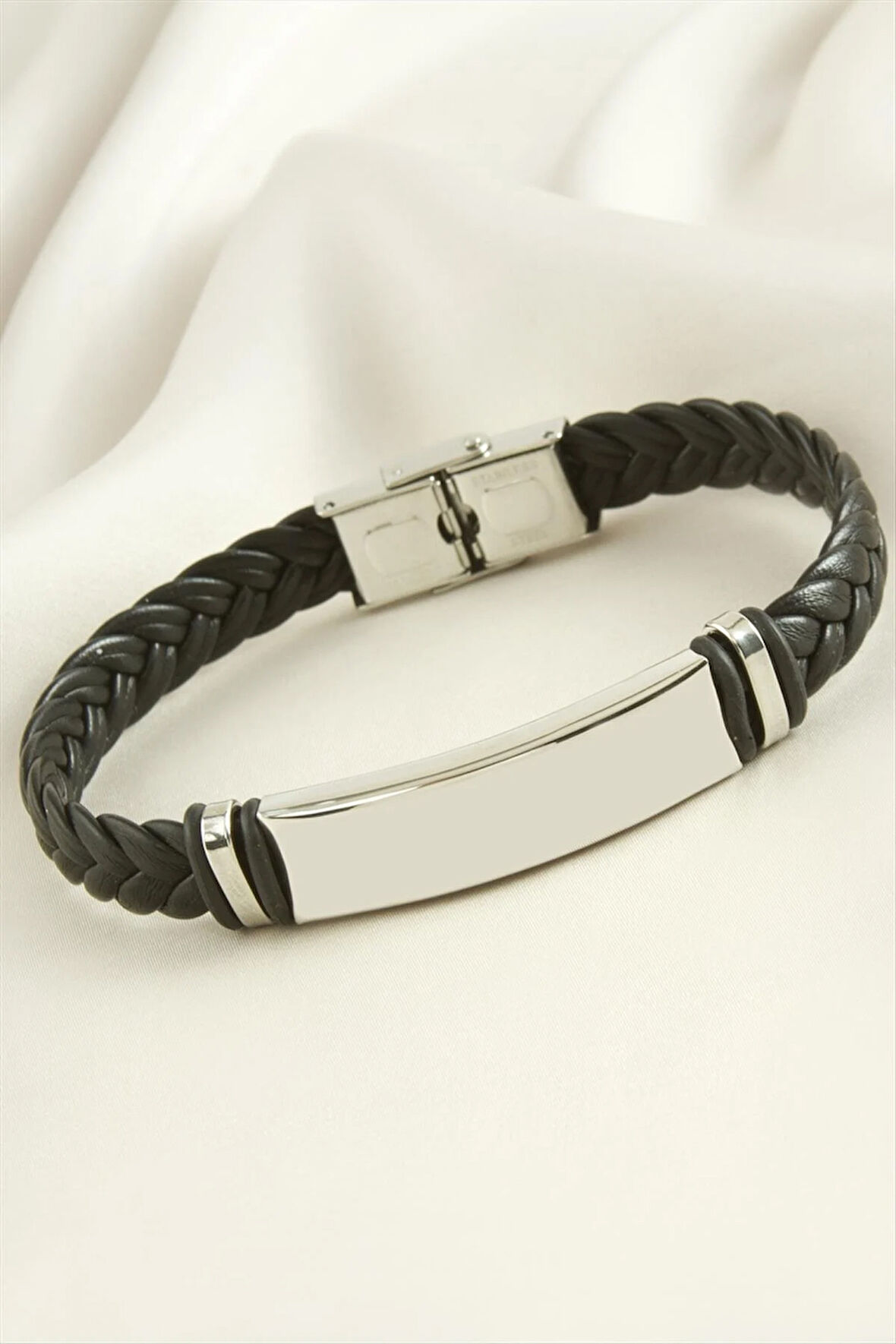 Örgülü İsim Yazılabilir Deri Çelik Bileklik