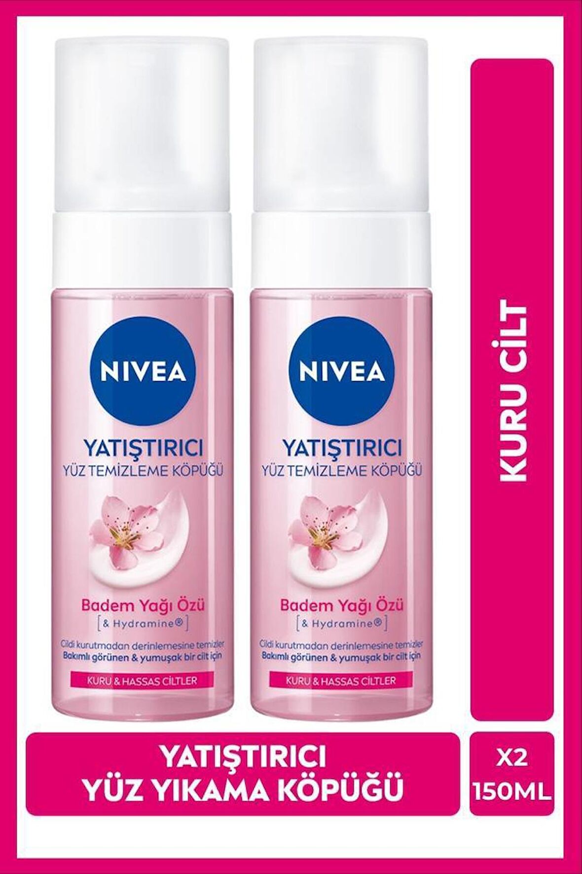 NIVEA Yatıştırıcı Yüz Temizleme Köpüğü 150ml, Kuru ve Hassas Ciltler, Nemlendirici, Badem Yağı, Yüz Bakım, X2 Adet