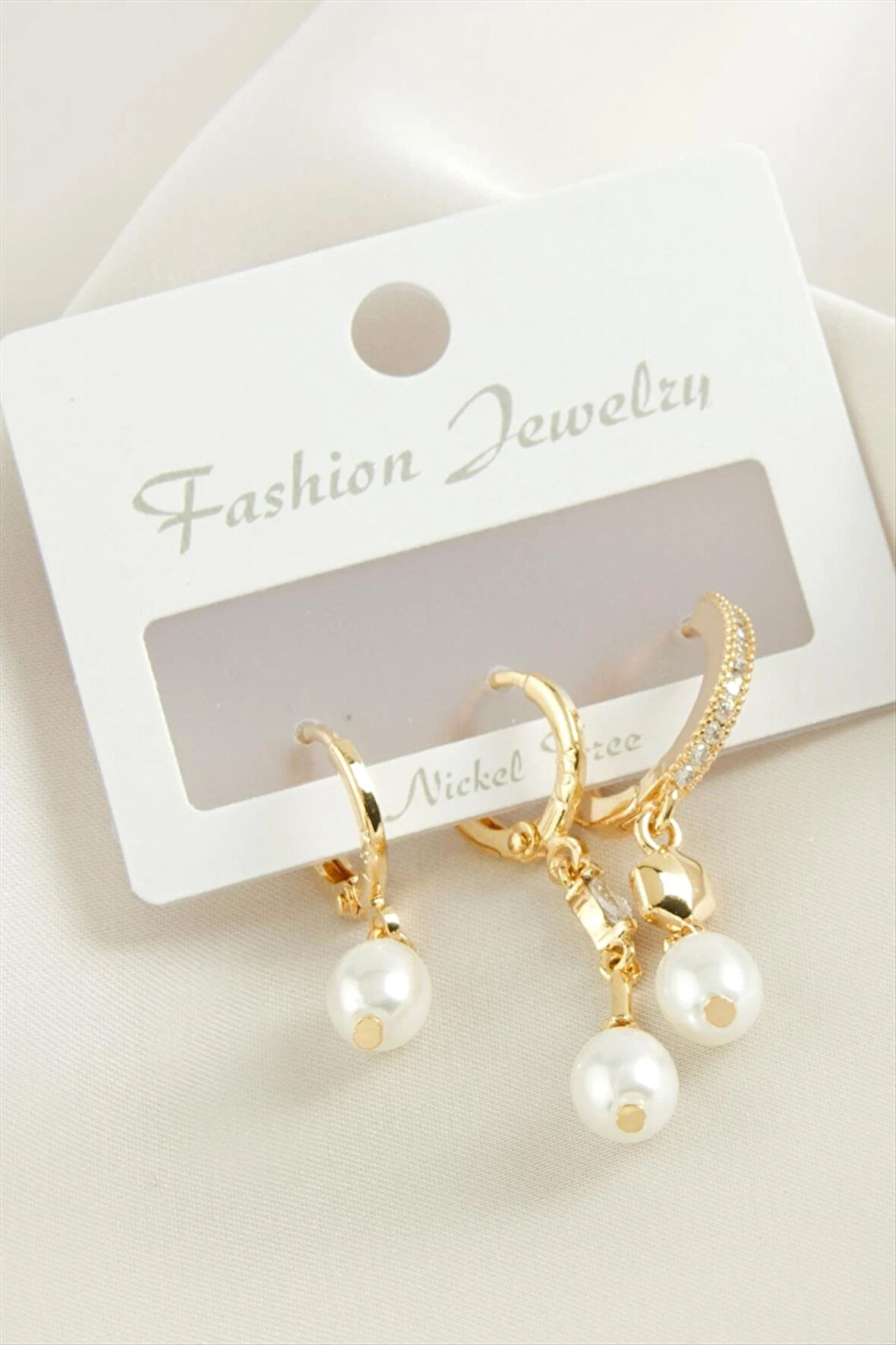 3 Adet Oval İnci Zirkon Taşlı Küpe