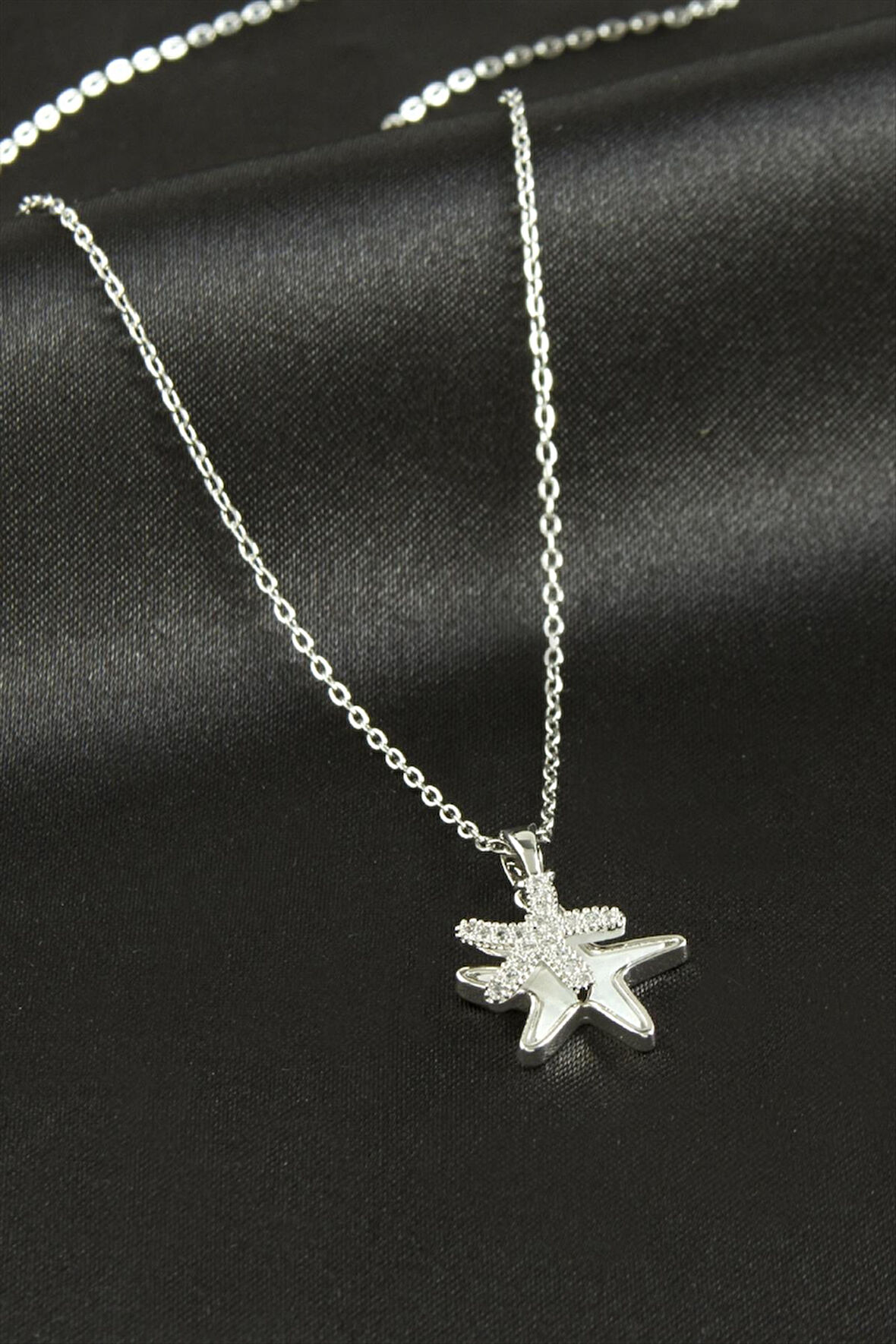 Yıldız Zirkon Taşlı Sedef Lüks Çelik Kolye