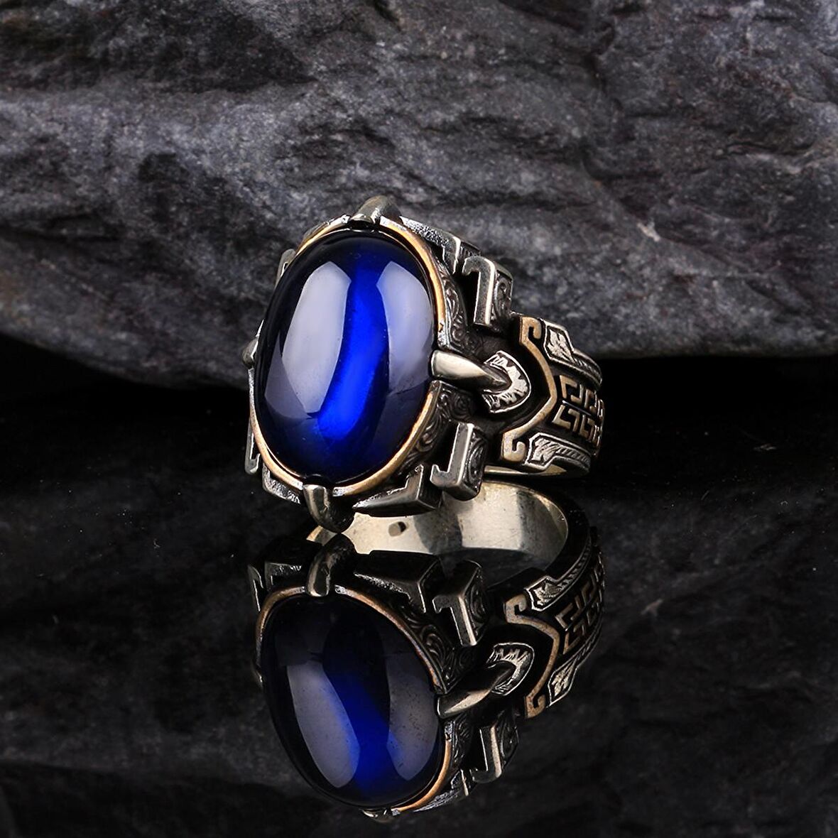 ZİRKON TAŞLI MAVİ RENK 925 AYAR GÜMÜŞ ERKEK YÜZÜK