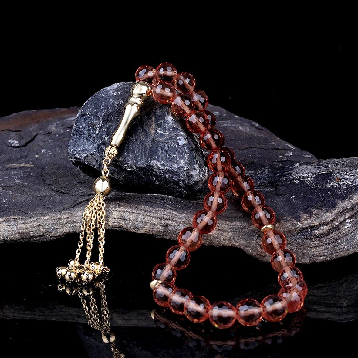 14 AYAR ALTIN PÜSKÜLLÜ RENK DEĞİŞTİREN SULTAN TAŞI TESBİH