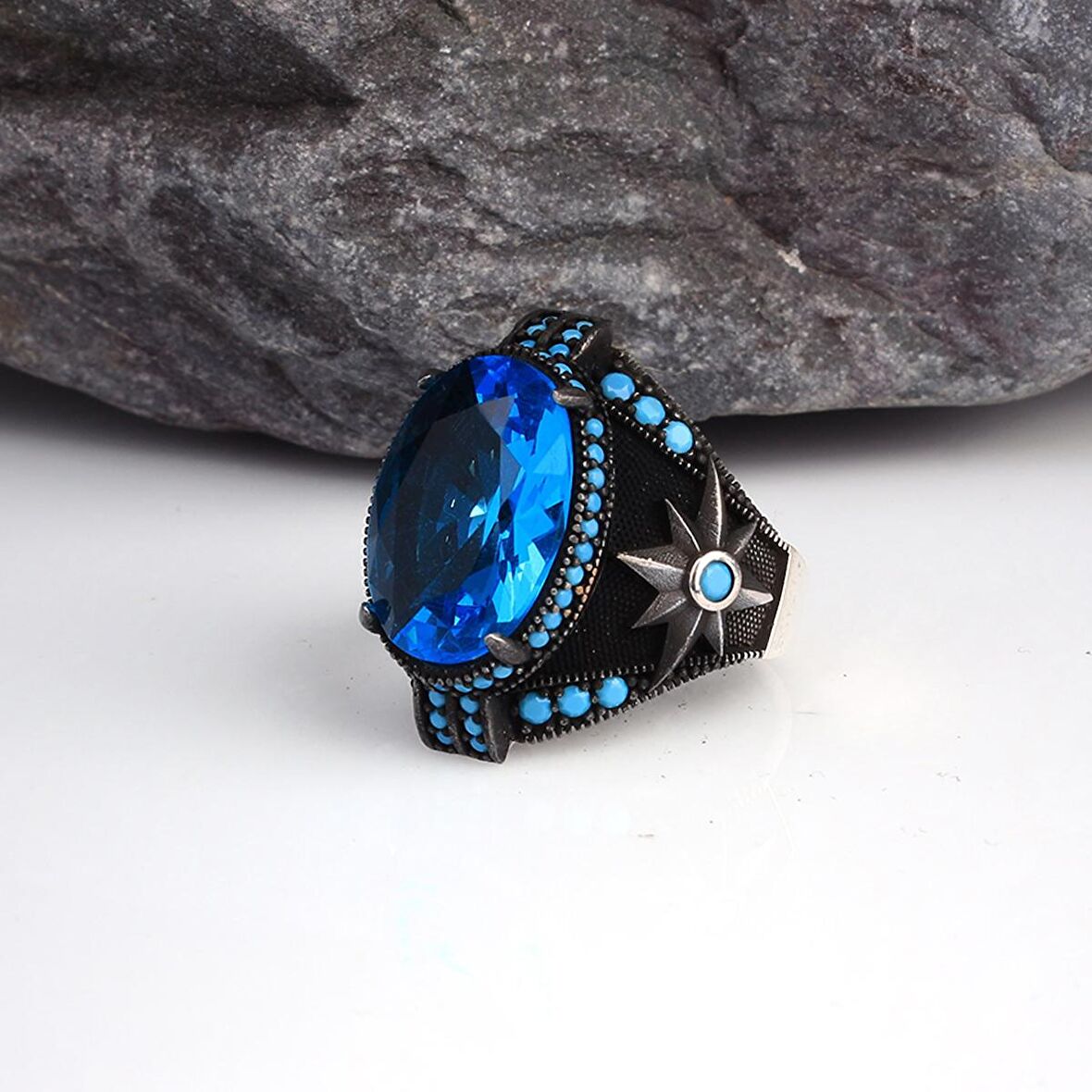 BLUE TOPAZ TAŞLI YILDIZ MODEL ERKEK GÜMÜŞ YÜZÜK
