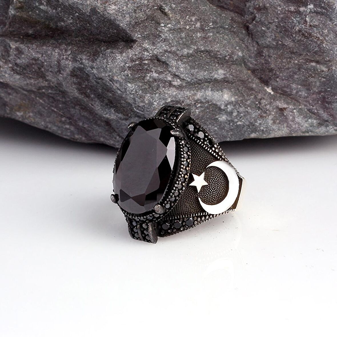 ONIX TAŞLI AY YILDIZ MODEL ERKEK GÜMÜŞ YÜZÜK