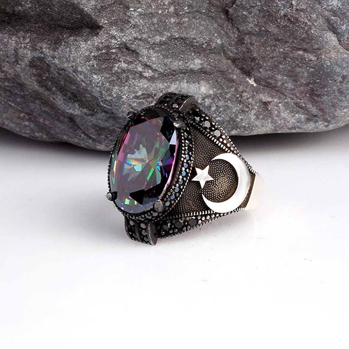 BLUE TOPAZ TAŞLI AY YILDIZ MODEL ERKEK GÜMÜŞ YÜZÜK