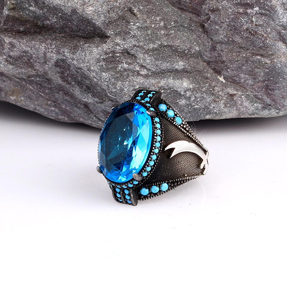 BLUE TOPAZ TAŞLI ERKEK GÜMÜŞ YÜZÜK