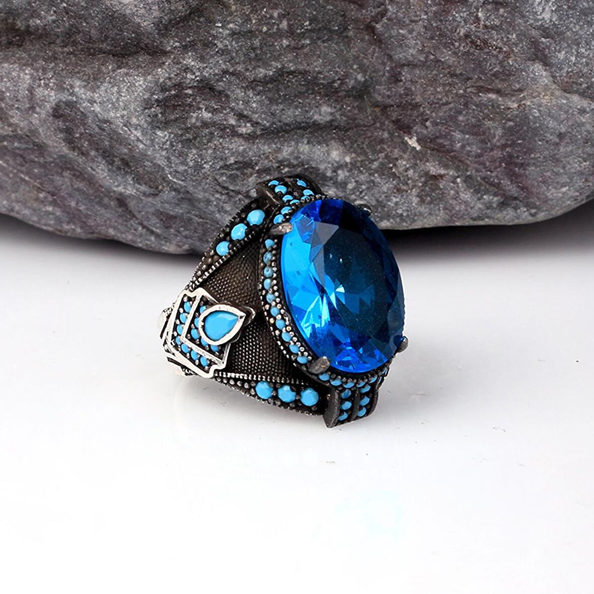 BLUE TOPAZ TAŞLI ERKEK GÜMÜŞ YÜZÜK