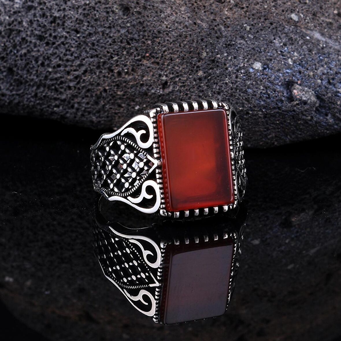 925 AYAR GÜMÜŞ AKİK TAŞLI MOTİF DESENLİ MODEL YÜZÜK