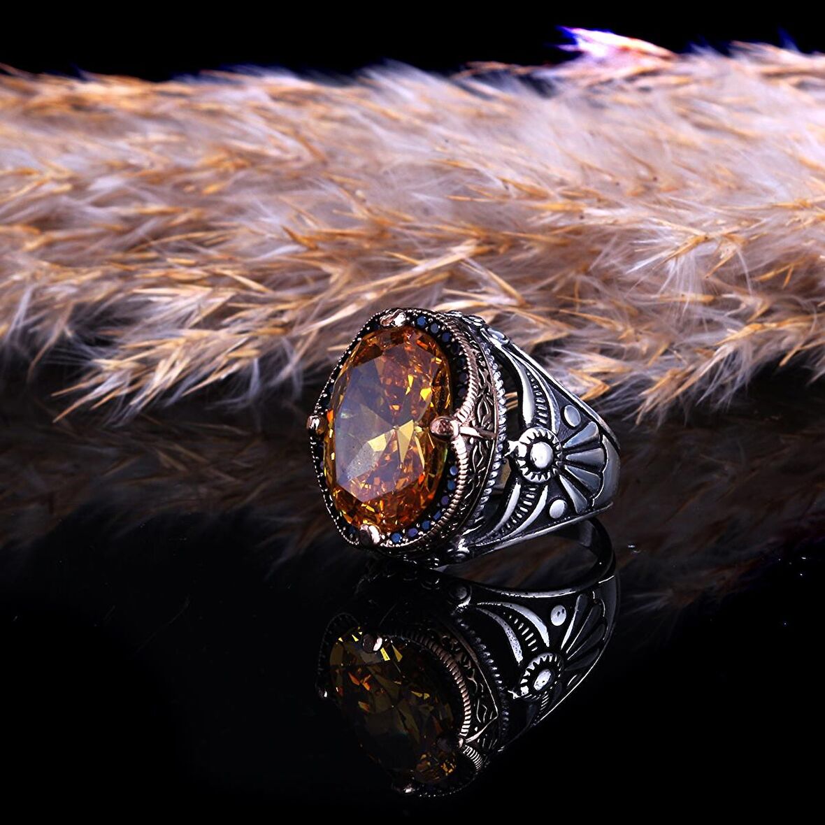 SİTRİN TAŞLI 925 AYAR ERKEK GÜMÜŞ YÜZÜK