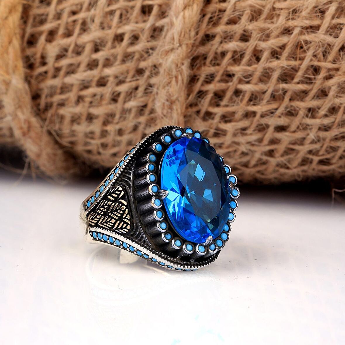 AQUA TAŞLI OVAL MODEL 925 AYAR GÜMÜŞ ERKEK YÜZÜK