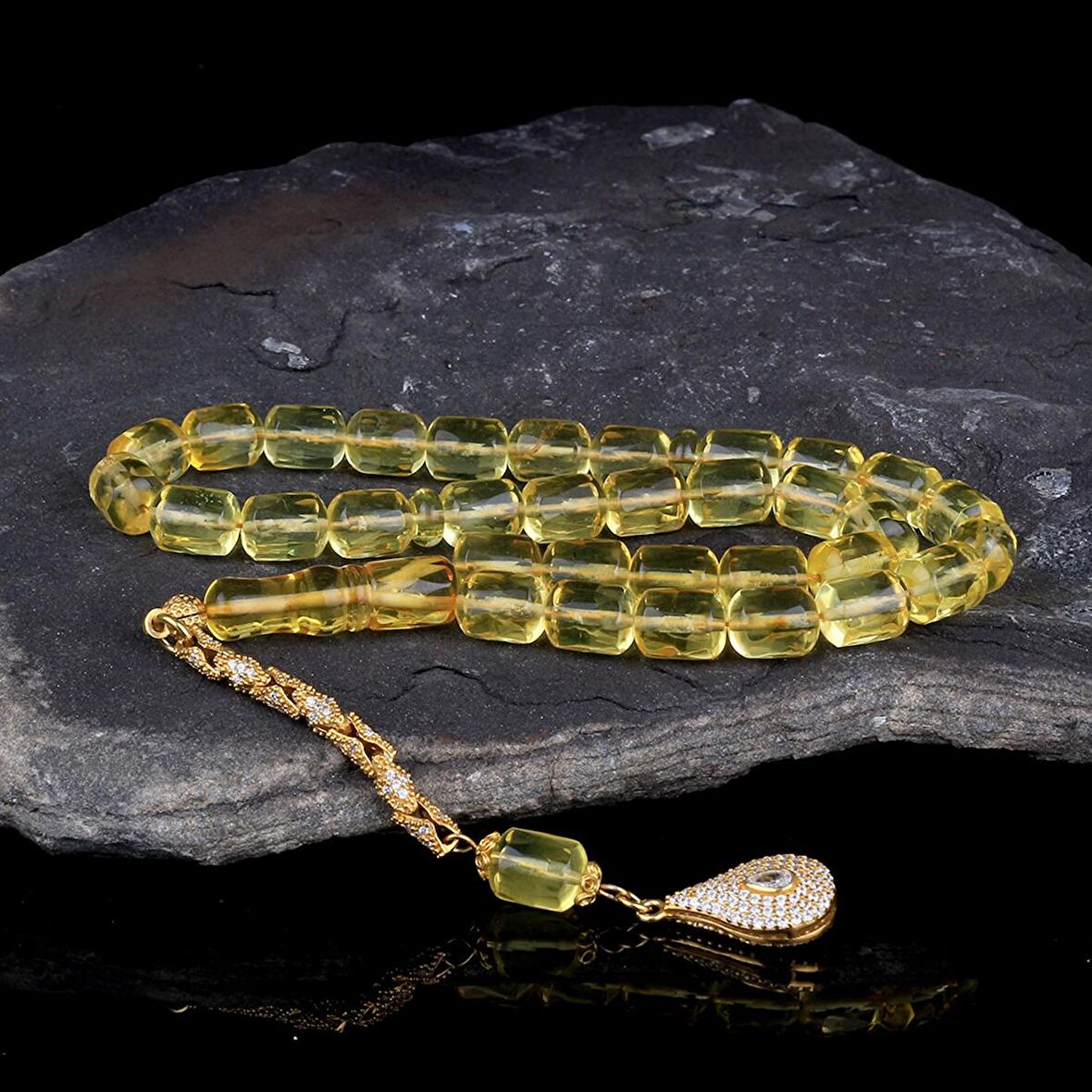 GÜMÜŞ ZİRKON TAŞLI PÜSKÜL FASET KESİM ŞEFFAF DAMLA KEHRİBAR TESBİH