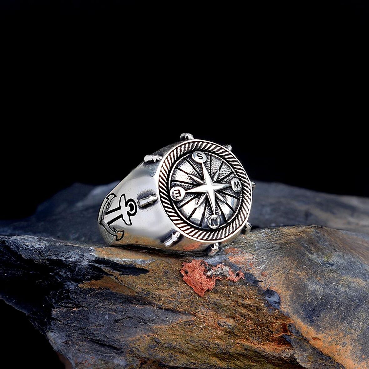 925 AYAR GÜMÜŞ PUSULA GEMİ ÇAPA MODEL YÜZÜK