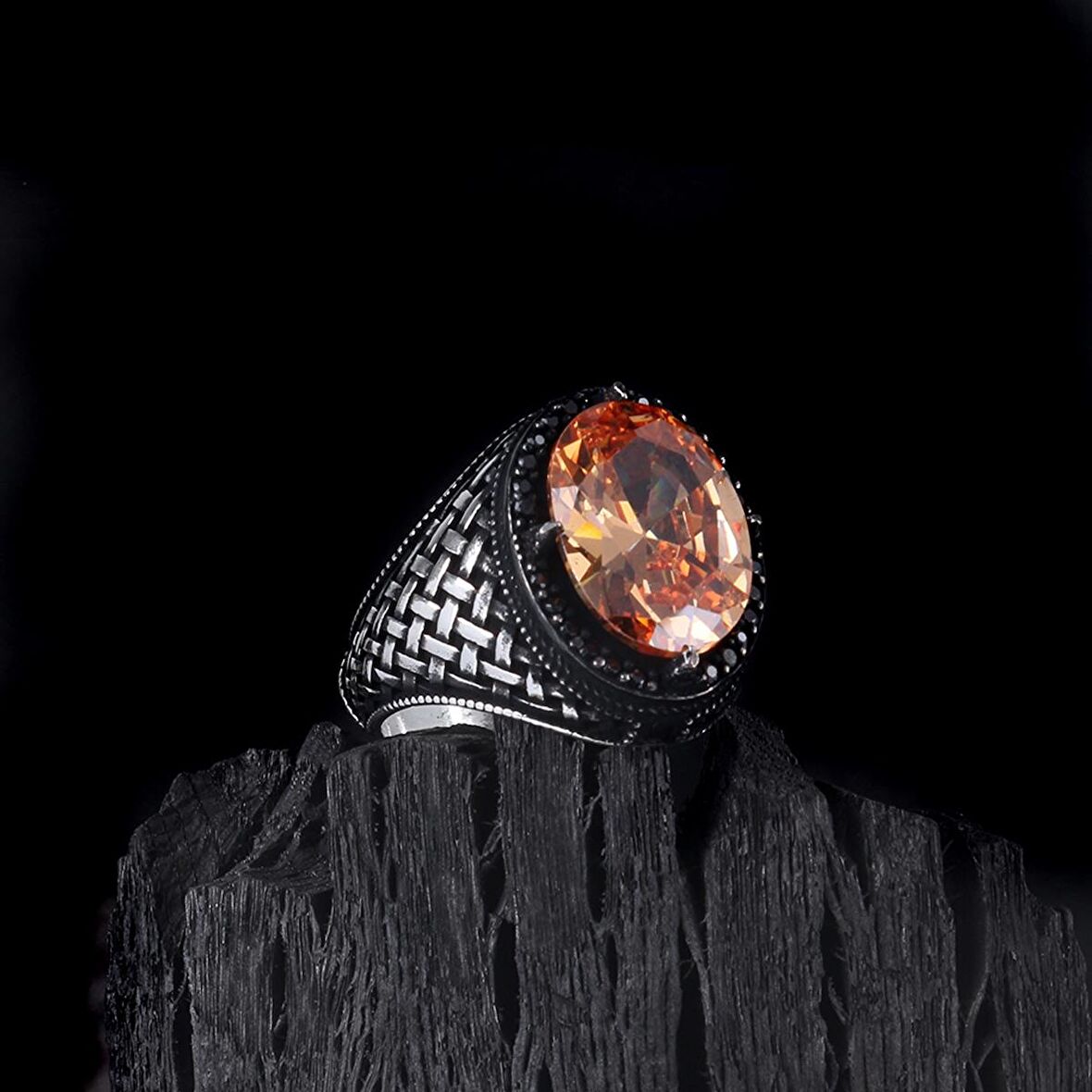 925 AYAR GÜMÜŞ ZİRKON TAŞLI ÖRGÜ MOTİFLİ ERKEK YÜZÜK