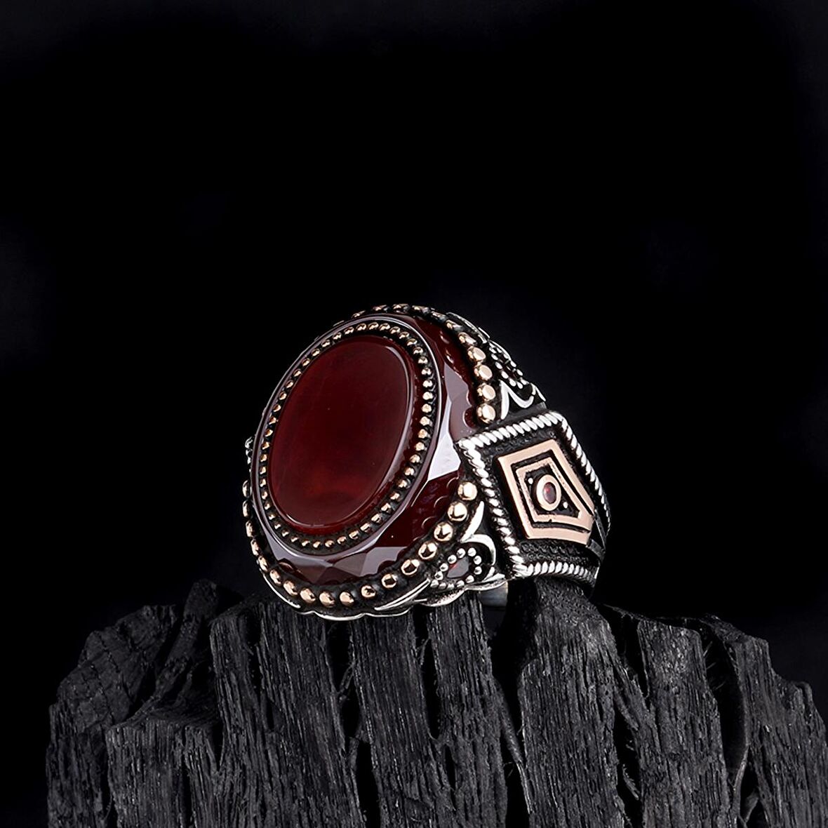 925 AYAR GÜMÜŞ ÇEMBER AKİK TAŞLI OVAL MODEL ERKEK YÜZÜK