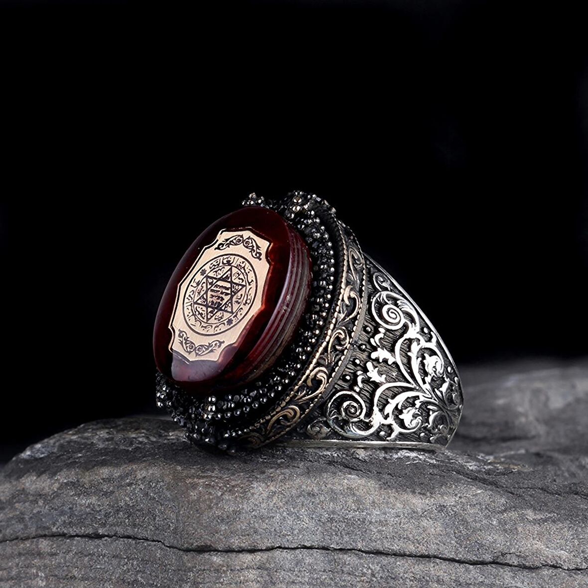 925 AYAR GÜMÜŞ HZ SÜLEYMAN MÜHRÜ KEHRİBAR TAŞLI YÜZÜK