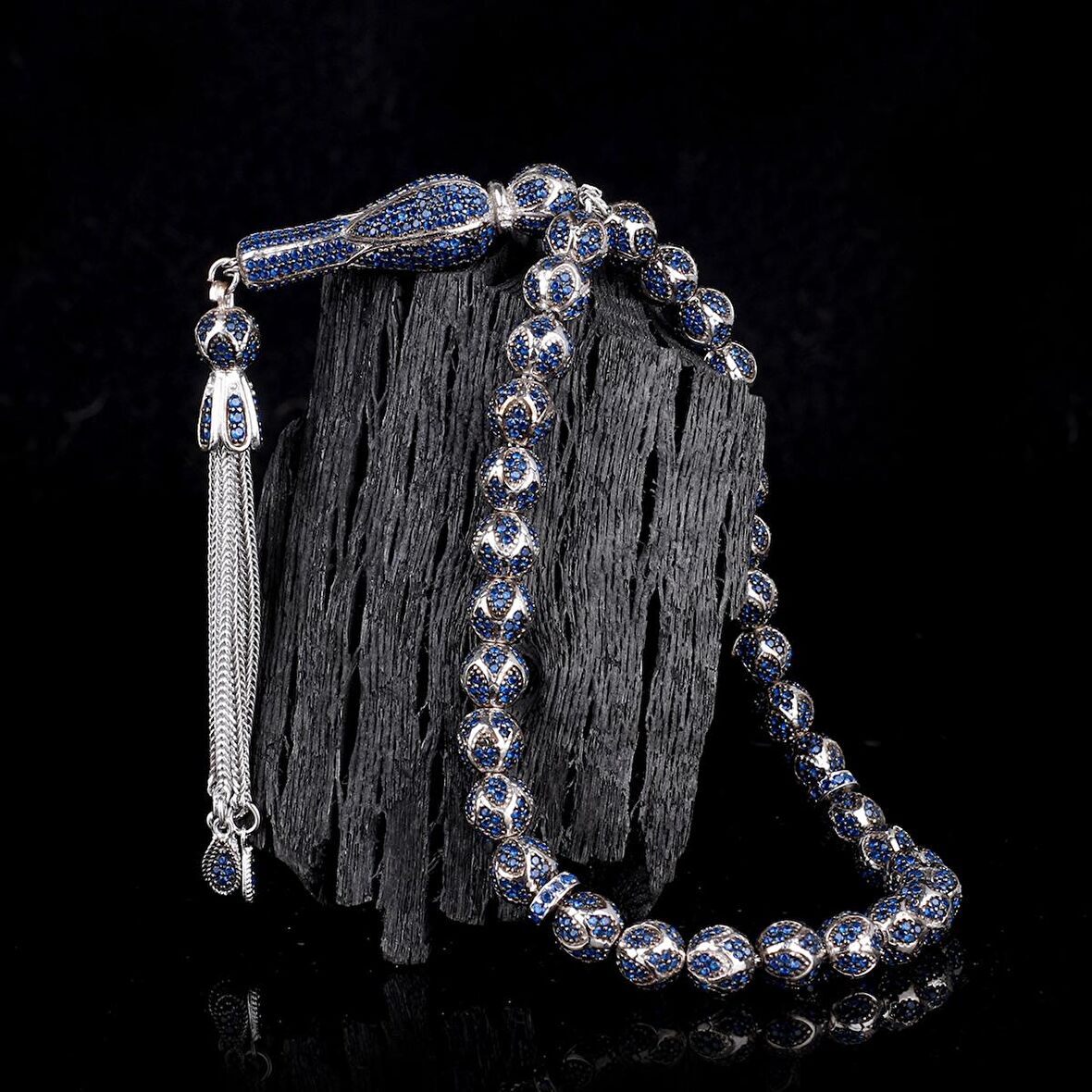 LACİVERT RENK ZİRKON TAŞ İŞLEMELİ TAMAMI 925 AYAR GÜMÜŞ TESBİH