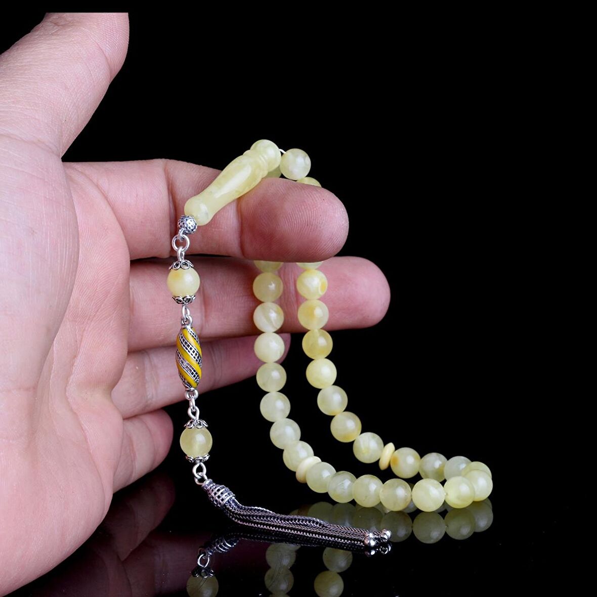 925 AYAR GÜMÜŞ PÜSKÜLLÜ 7 MM DAMLA KEHRİBAR TESBİH