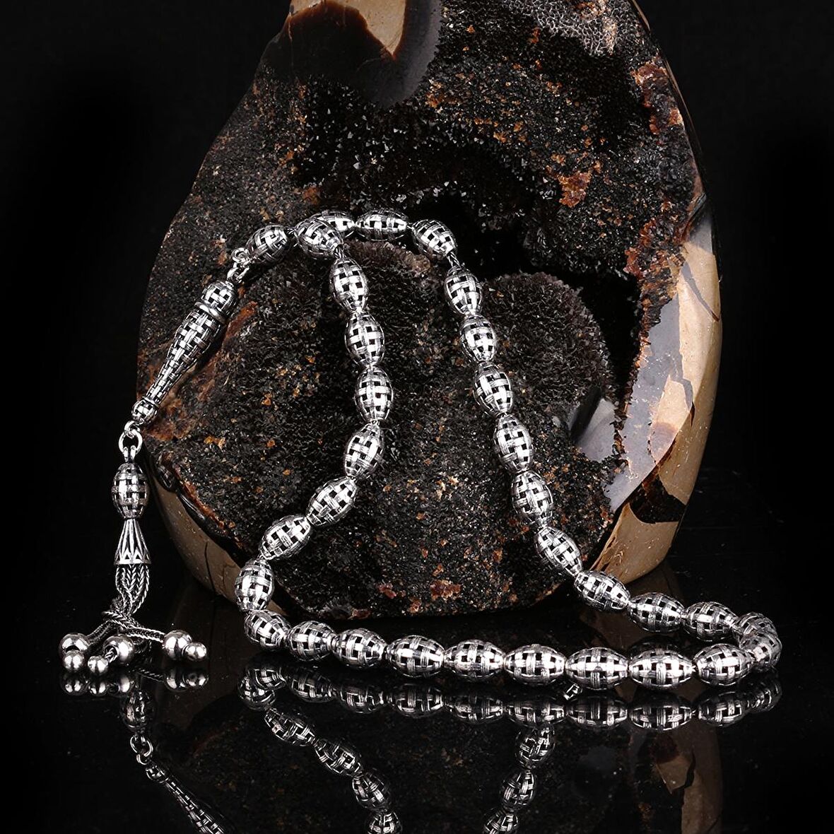 TAMAMI 925 AYAR GÜMÜŞ ARPA KESİM FİZYON ÖRGÜ MODEL TESBİH