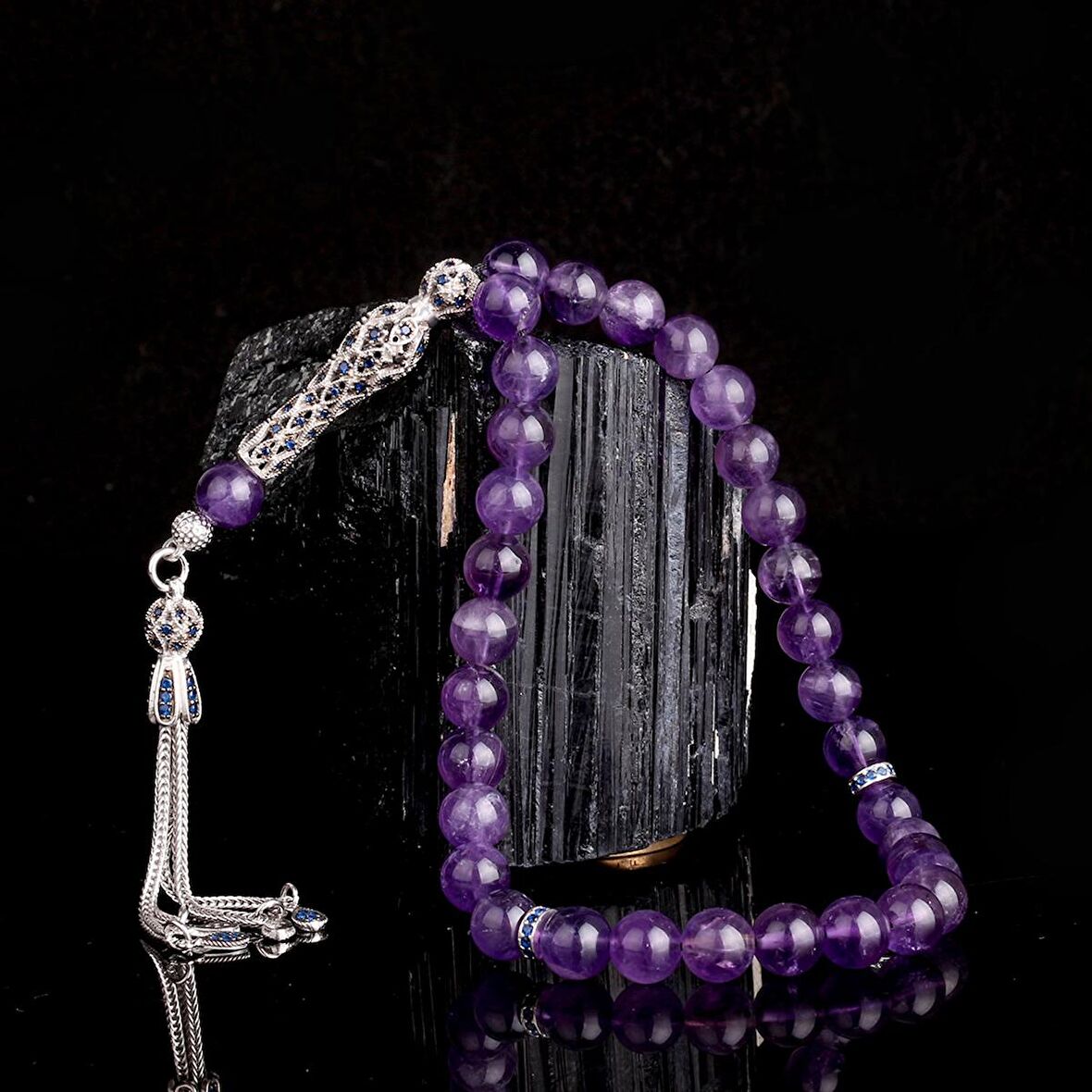 ZİRKON TAŞLI GÜMÜŞ PÜSKÜLLÜ AMETİST TAŞI TESBİH